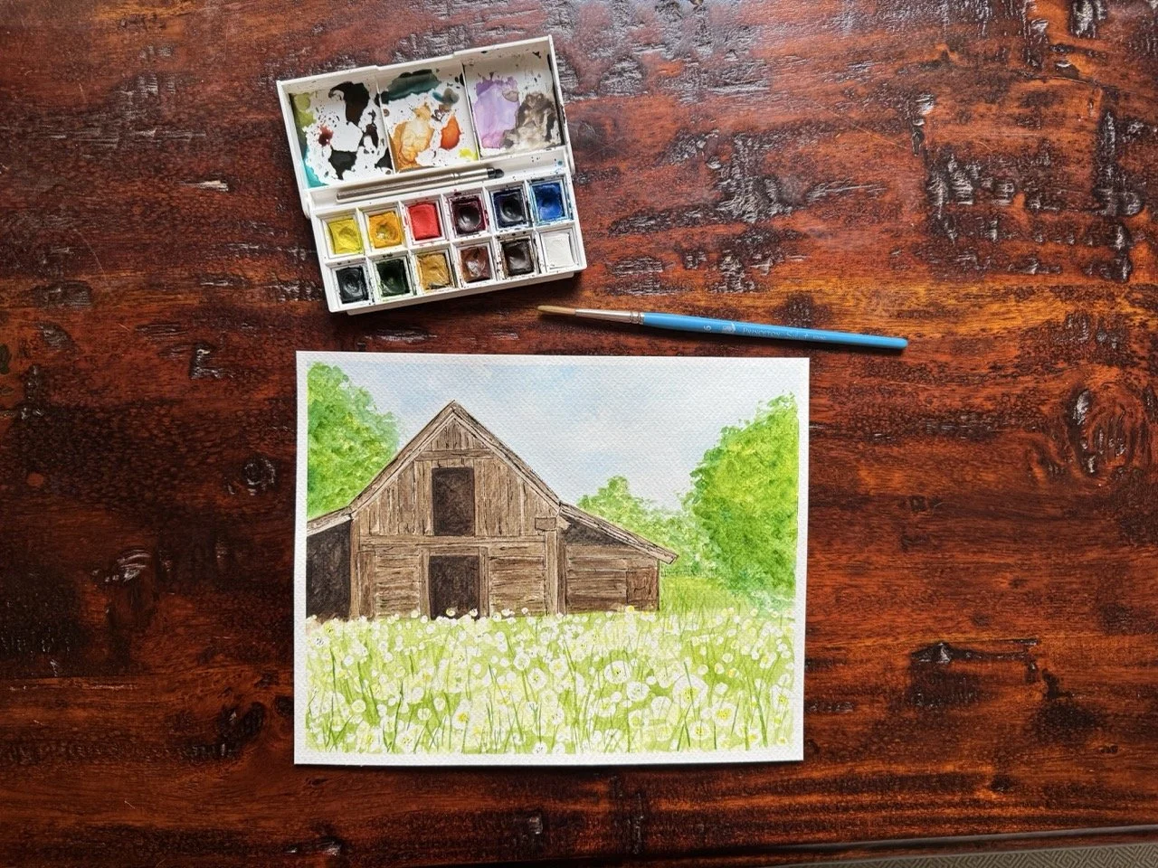 Watercolor Snacks: Rustic Barn Landscape