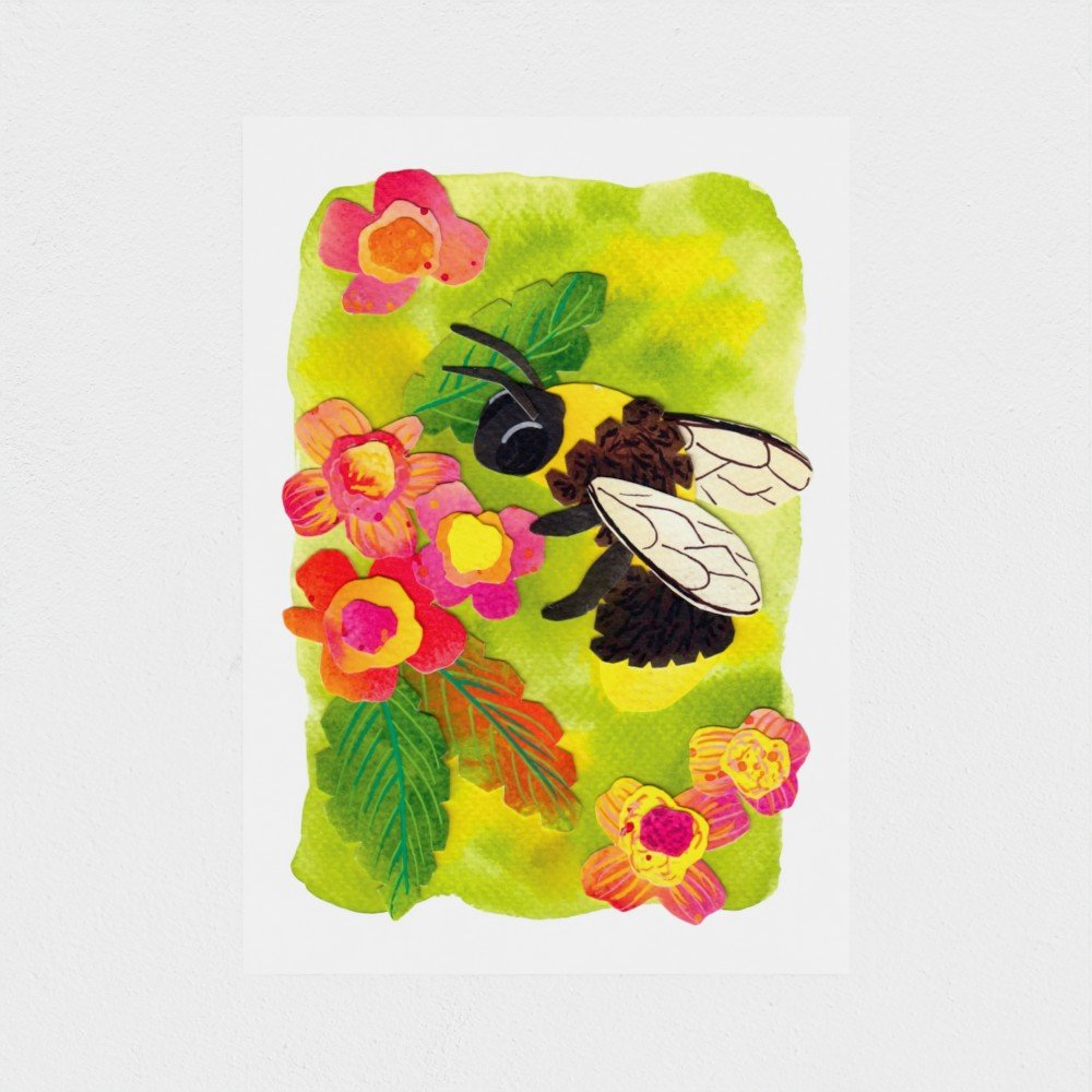 5x7" Bee & Pink Flower Collage Art Print