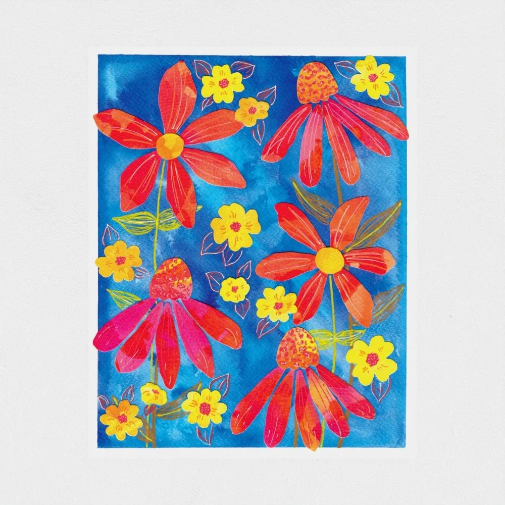 Blue Floral Collage Art Print