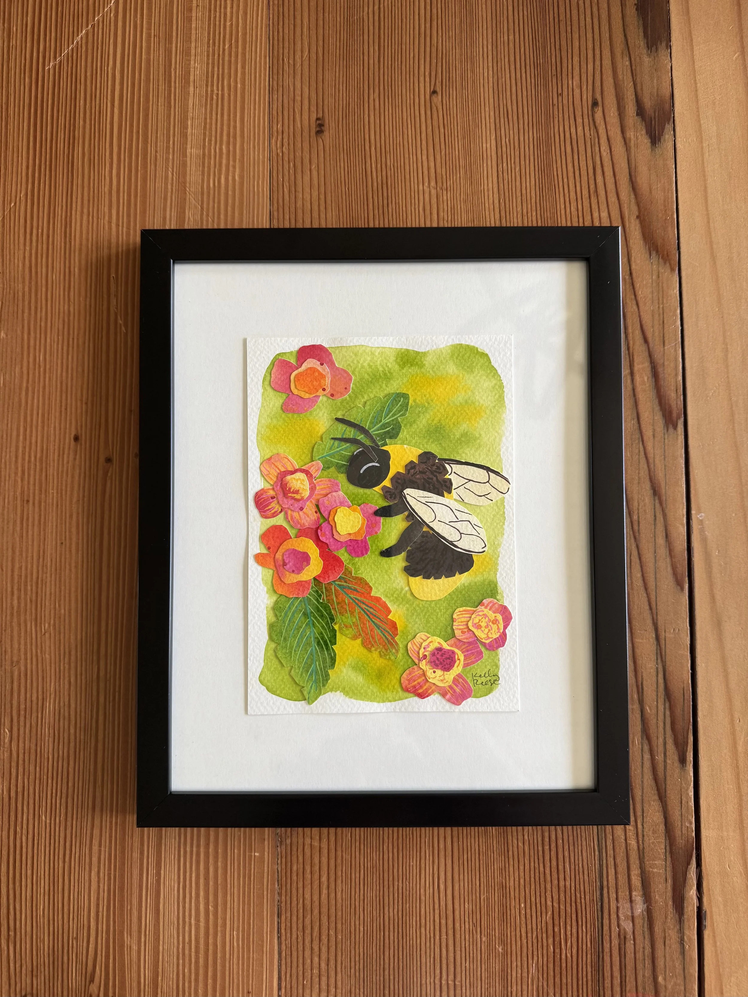5x7" Bee & Pink Flower Collage Art Print