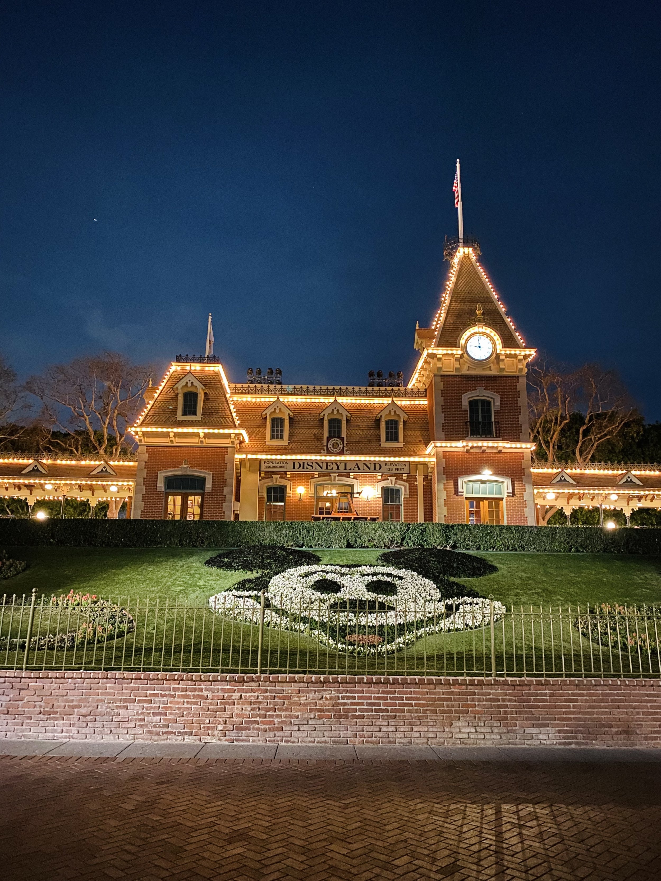 Disneyland entrance of the Mickey landscaping at night.