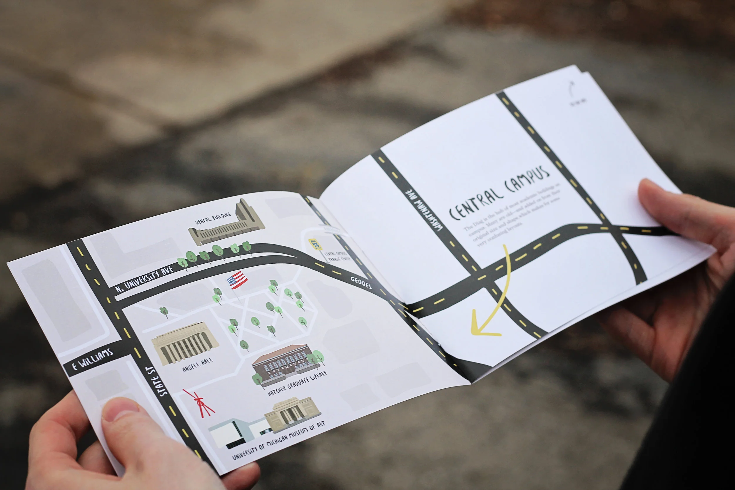 A map introduces each general location and detail pages describes the buildings indicated. 
