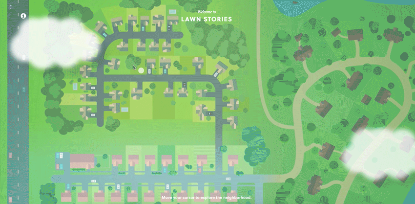 The map pans with mouse movement; hovering over houses reveals a pulsing dots that open a modal window when clicked.
