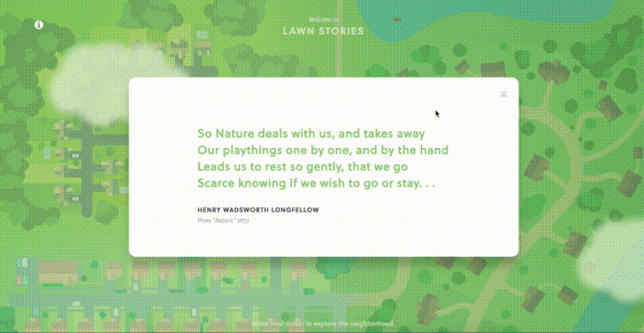 The modal windows contain short stories (less than 200 words) or quotes from notable figures in the history of lawns in America.