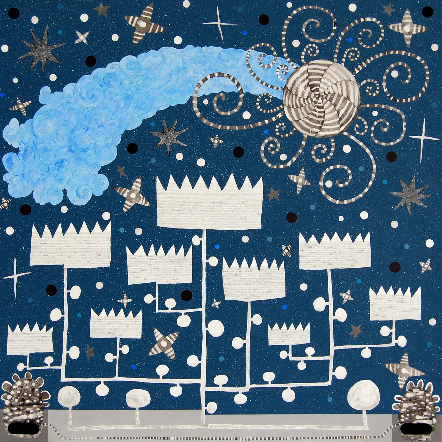 Ghost Rockets (interactive) by Tommy White. Acrylic & graphite on panel, 44in x 44in.