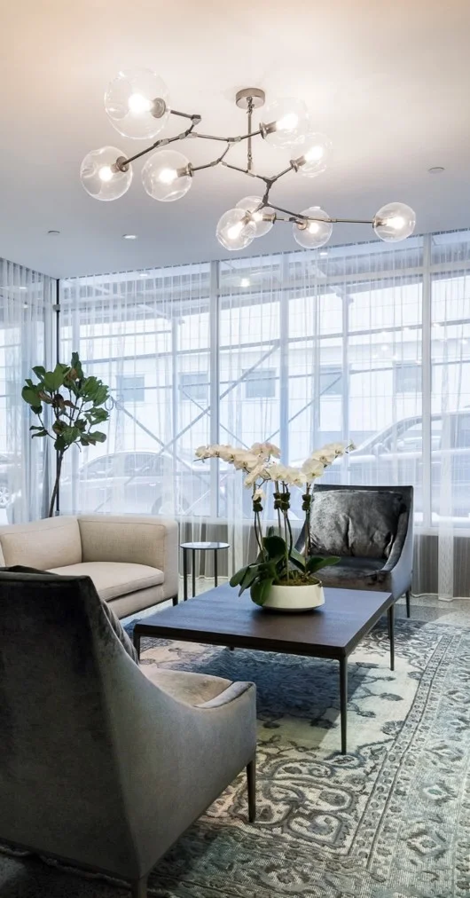 Vintage or over dyed rugs are great with modern furniture to create a sophisticated look. In this TriBeCa Lobby we mixed sleek modern furniture with a vintage rug to add sophistication and character to the space. 