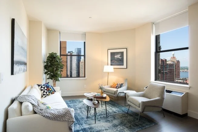 Over dyed rugs are great with modern furniture to create an elegant look like in this downtown living room . 