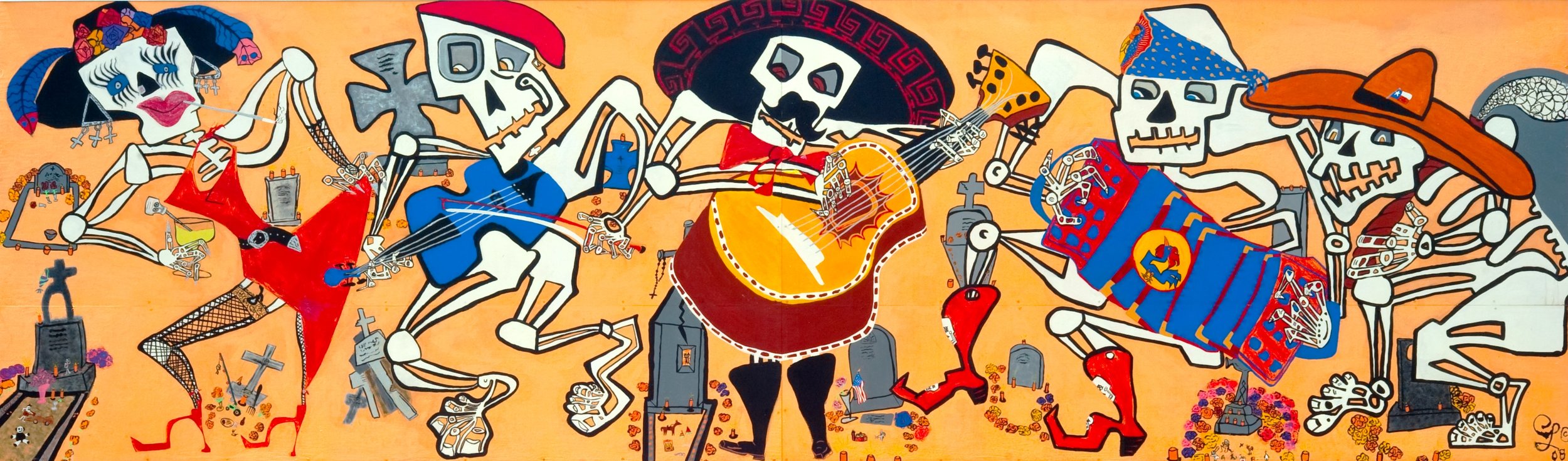 Dia de Los Muertos This limited edition (250), signed and numbered giclée of eRic's “Dia de los Muertos” mural can be yours - 8” X 23” for $64.00 (includes tax & freight). The mural (20ft X 6ft) has been reproduced and installed in the Valley International Airport, Harlingen, Texas and is archived in The National Heritage Preservation Society's Library of American murals and Rescue Murals Project.