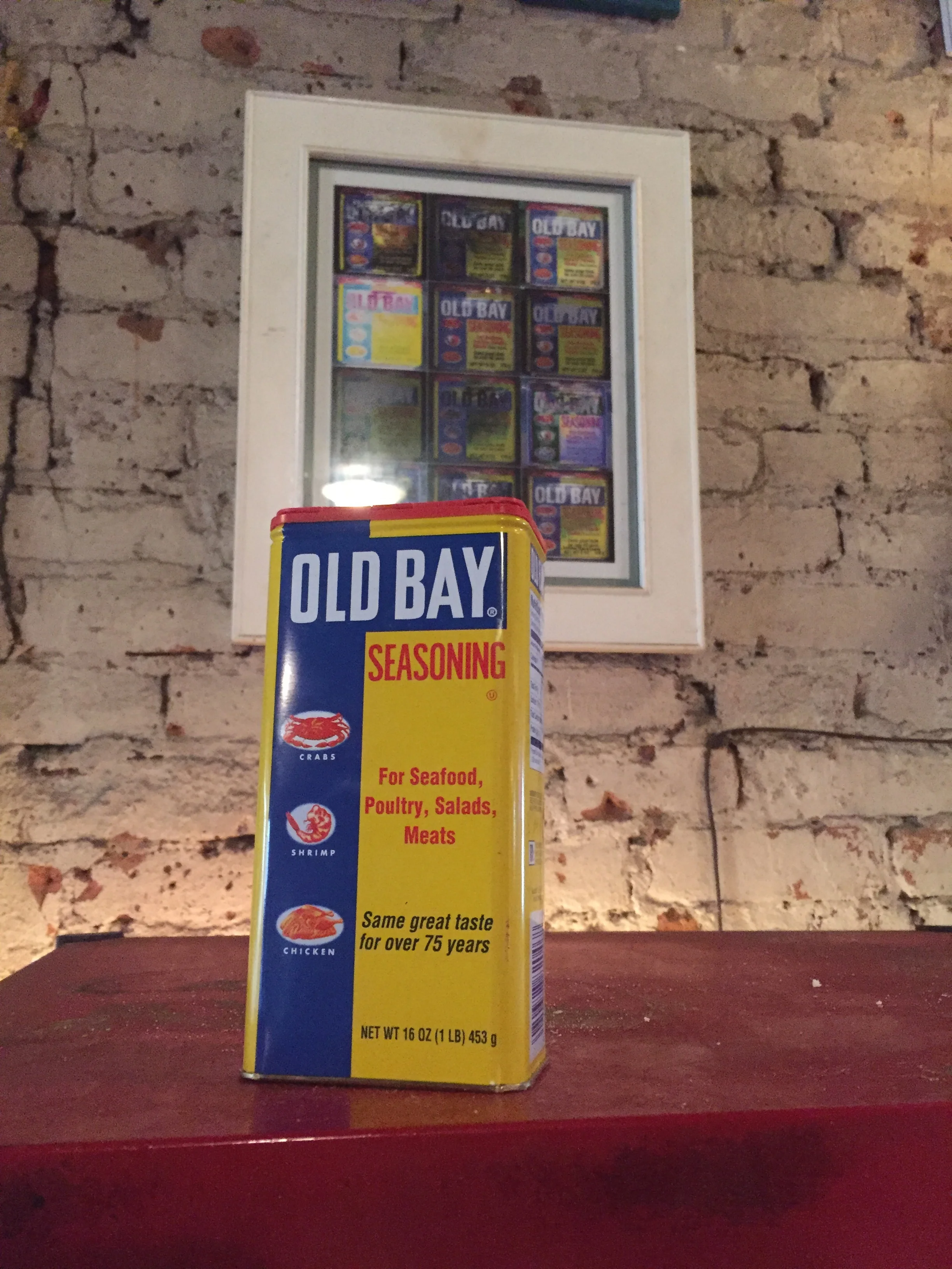 Old Bay Seasoning Tin above our Popcorn machine