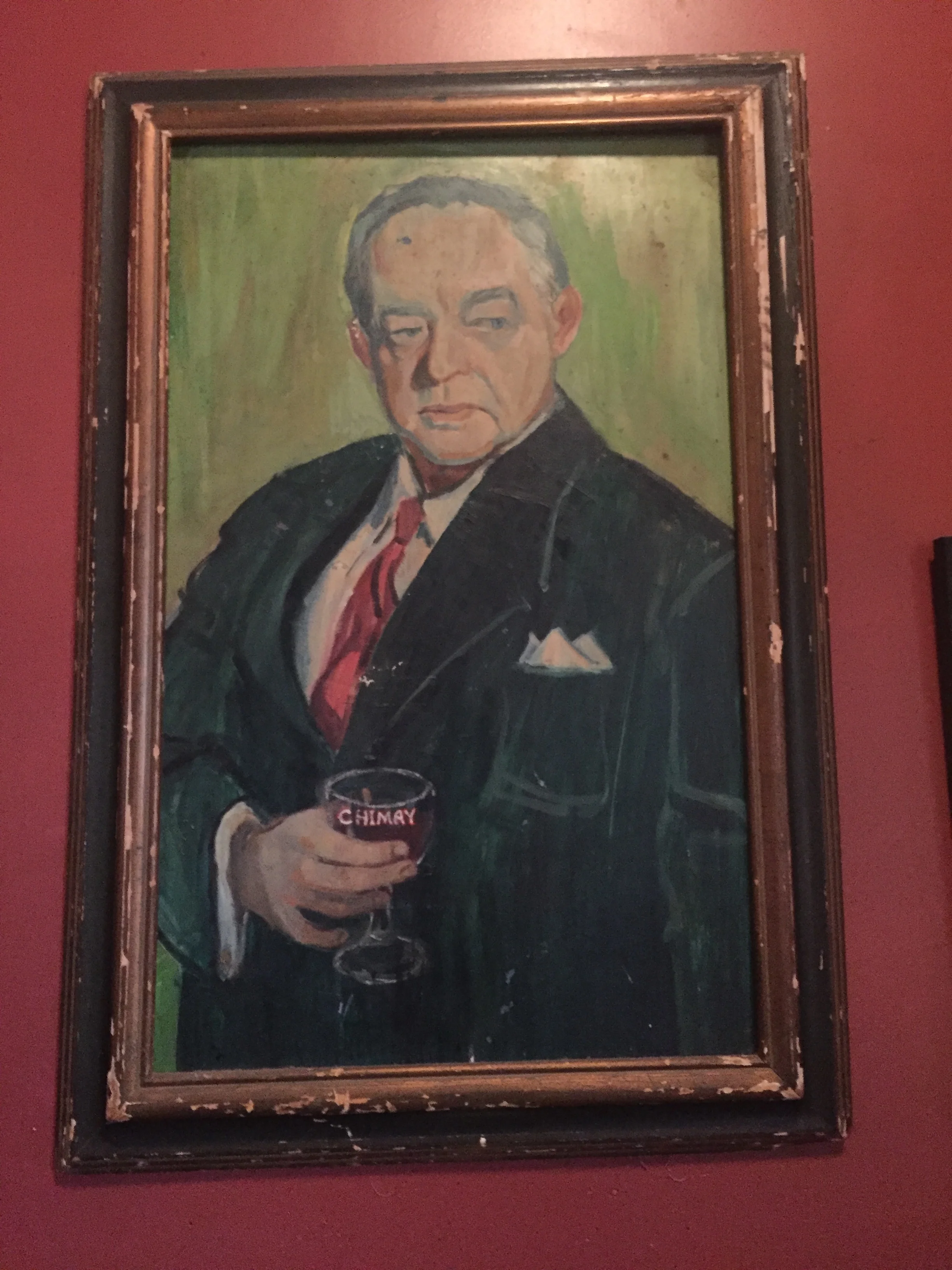 Painting of actor Sydney Greenstreet with a Chimay beer