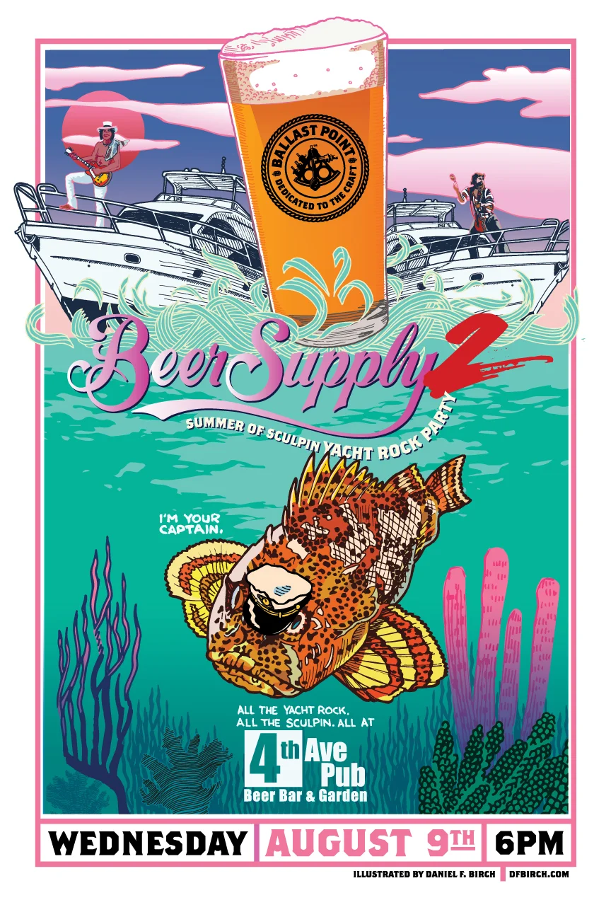 BALLAST POINT YACHT ROCK POSTER FISH WITH CAPTAINS HAT SWIMMING UNDER WATER