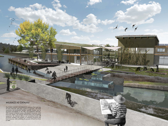 Graduate student Jan Pecenka’s vision for the site is the Food Canopy Cooperative, sited along the millrace.
