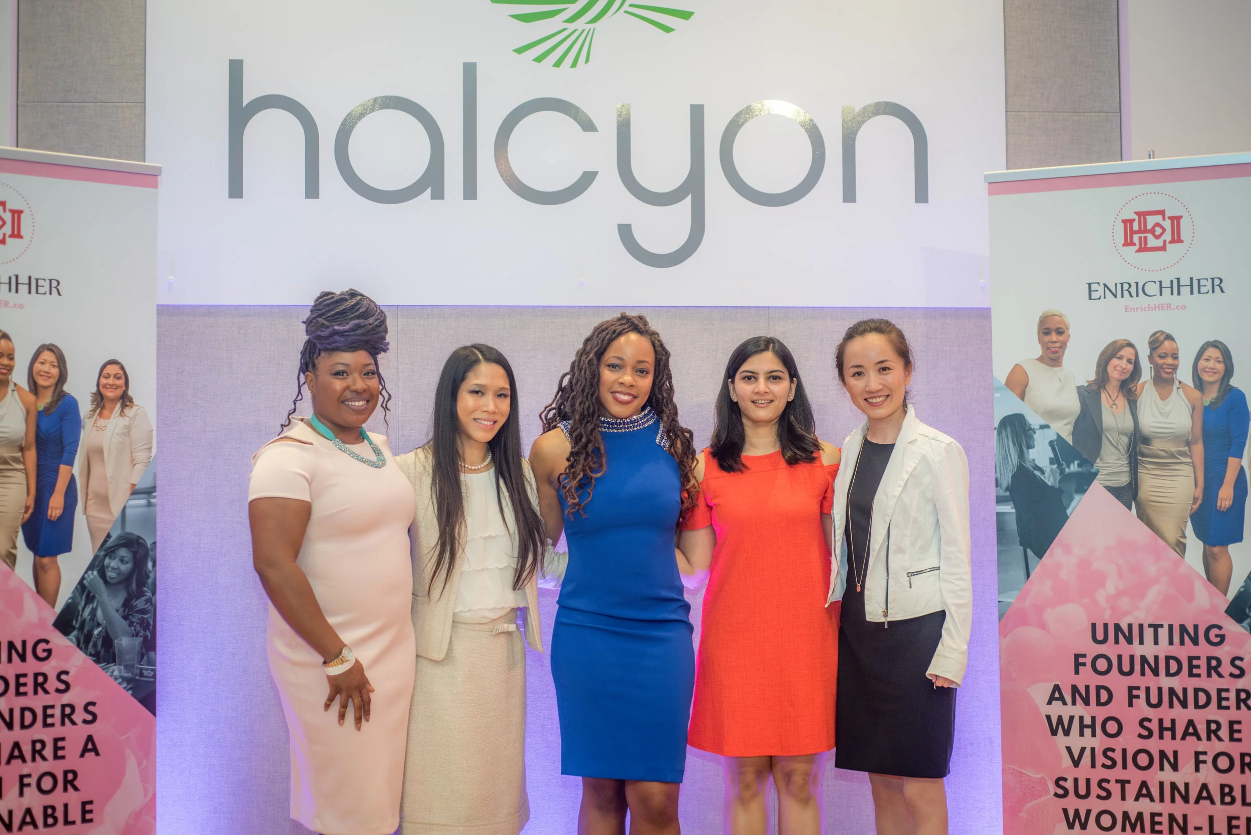 EnrichHER Spark Washington, D.C. 2018 Pitch Finalists. Shown from left to right are Shawntel Asemota White, Founder Om Health.Care, Melissa Chung Founder Krippit, Roshawnna Novellus, Founder EnrichHER, Shreya Bhargava,F ounder District Mugs, and Amy Fan, M.D. Founder & Pediatrician at Kidner.