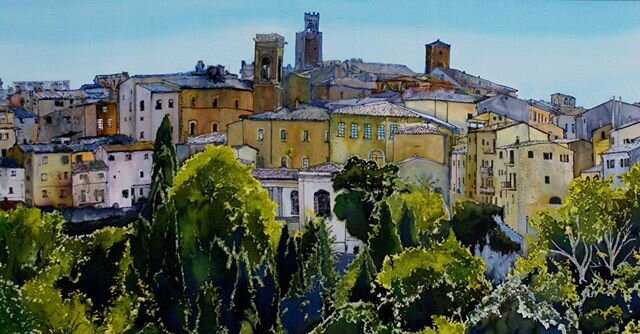 Tuscany Series #4, Hilltop Village by Philip Brake. Dye on silk 54&rdquo;x27&rdquo;