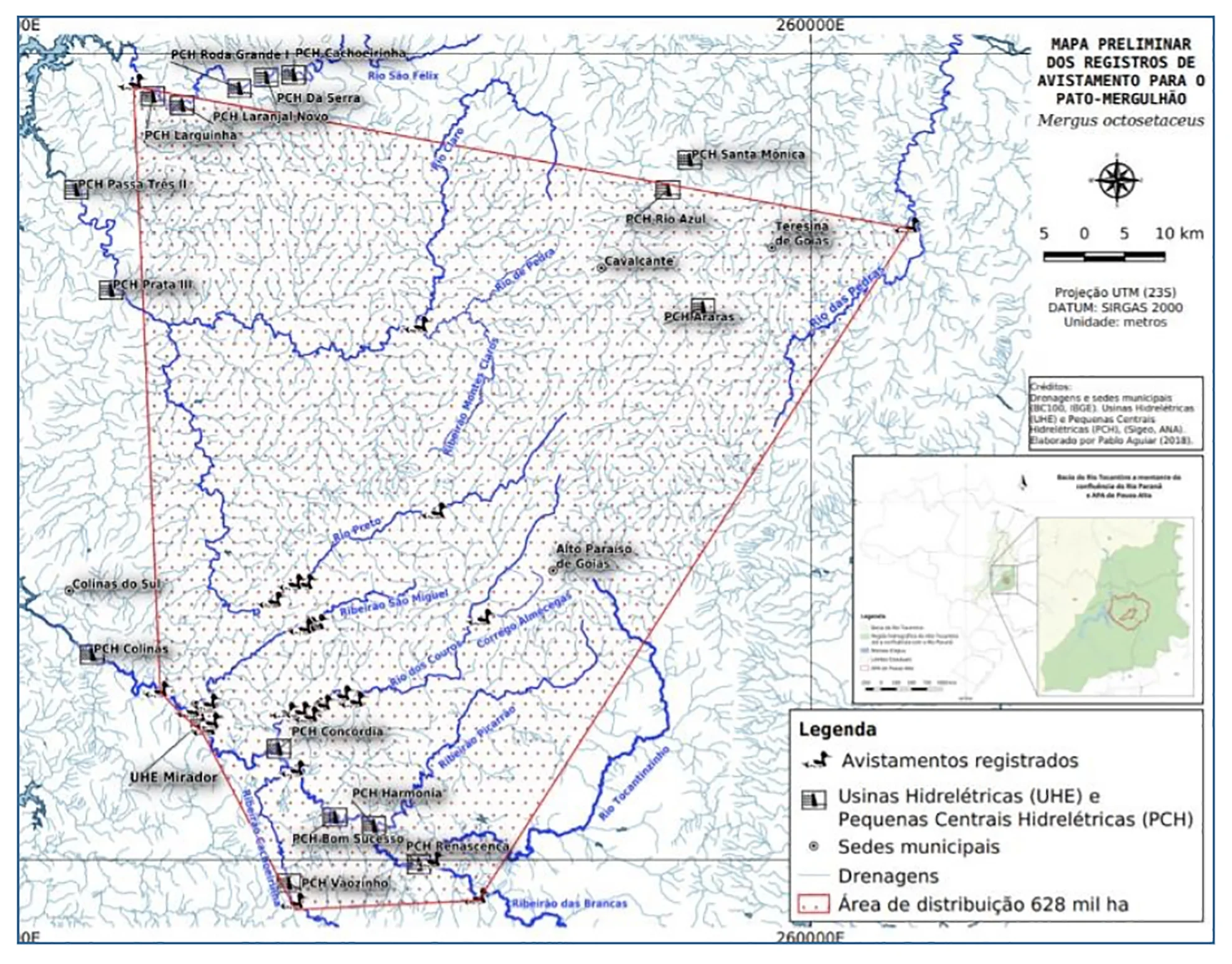 Recents records: Merganser photographic records; UHE: Hydropower projects; Área: distribution (ha.)