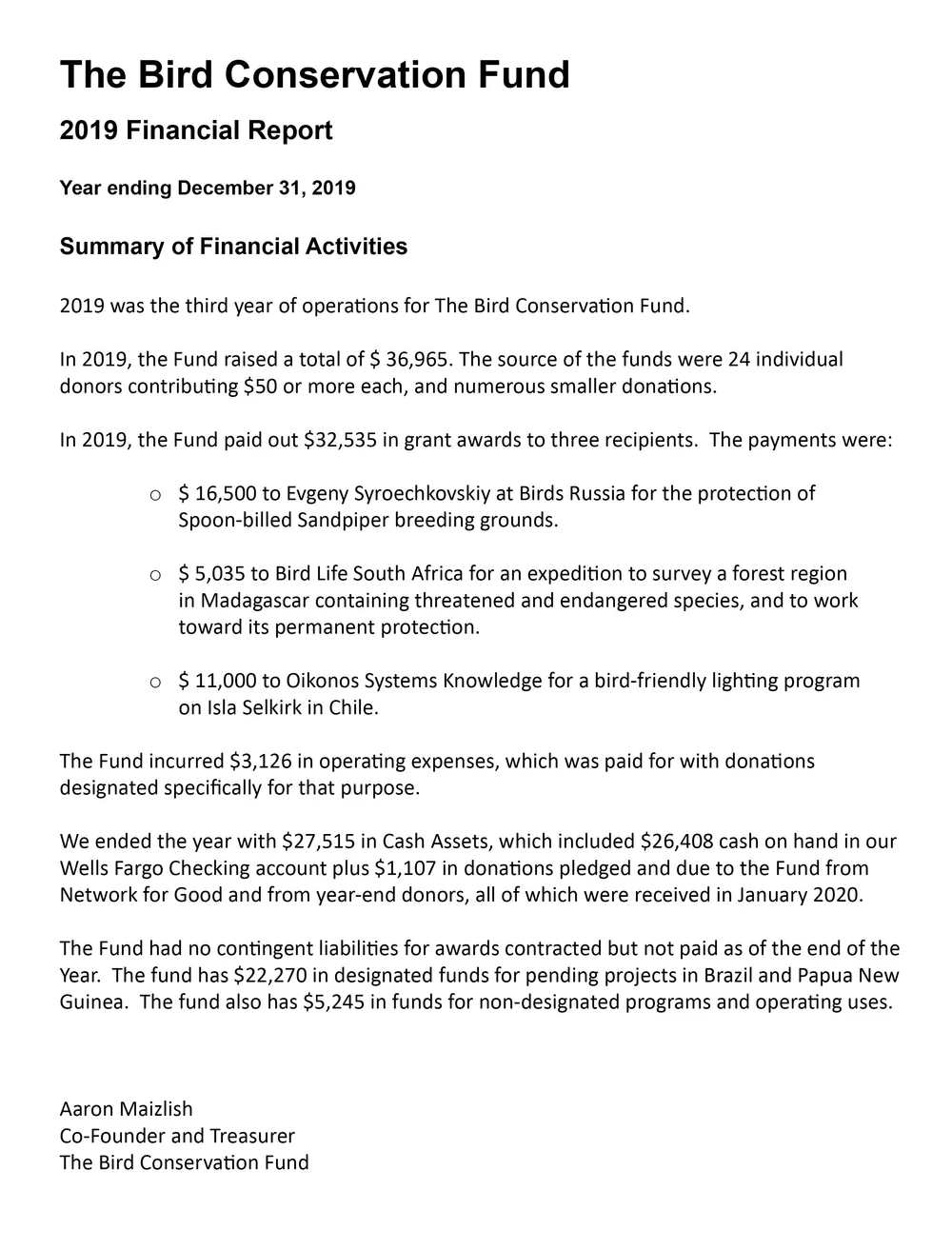 Financial Report — Bird Conservation Fund