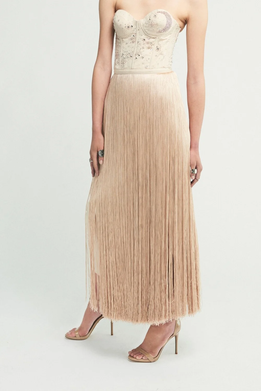 La Nuit Bustier Fringe Gown in Gunmetal or Champagne Beading 