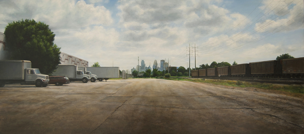   View toward Minneapolis from     27th Ave NE, Early Summer   2014  Oil on panel  14.5 x 32 inches    