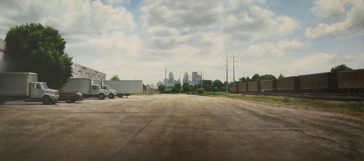 View toward Minneapolis from 27th Ave NE, Early Summer 2014 Oil on panel 14.5 x 32 inches