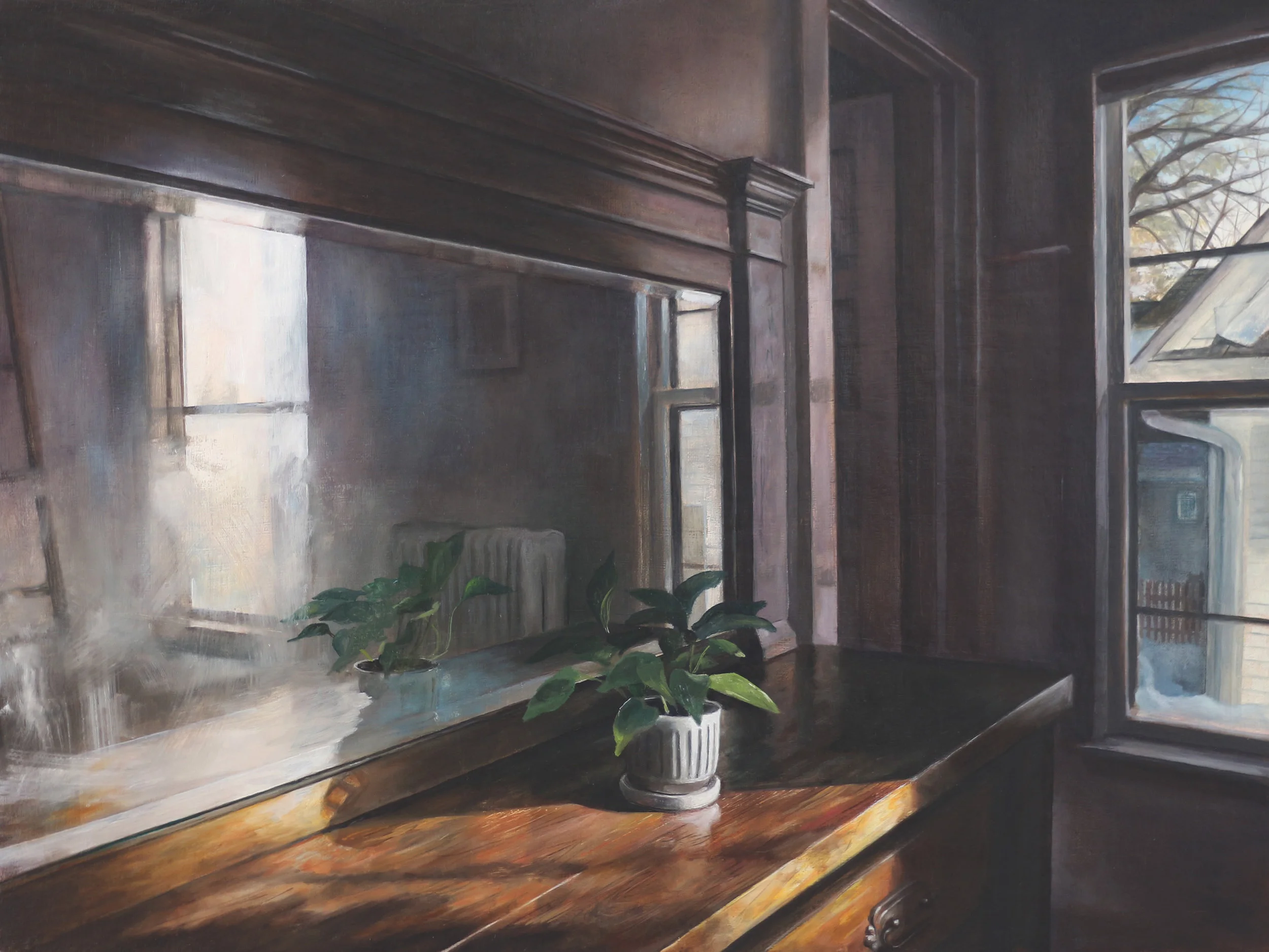 Lighted Mirror with Plant 2017 Oil on linen 16 x 20 inches
