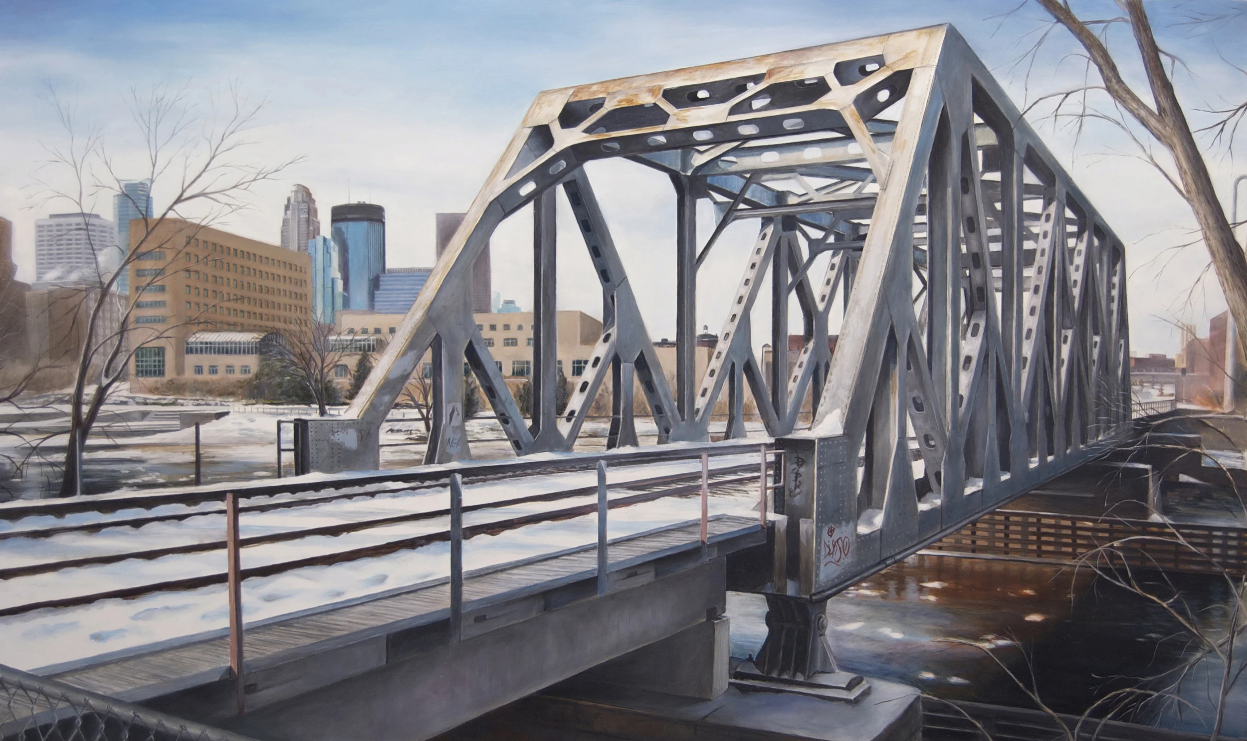 Railroad Bridge at West Island Avenue 2014 Oil on panel 21.75 x 36 inches