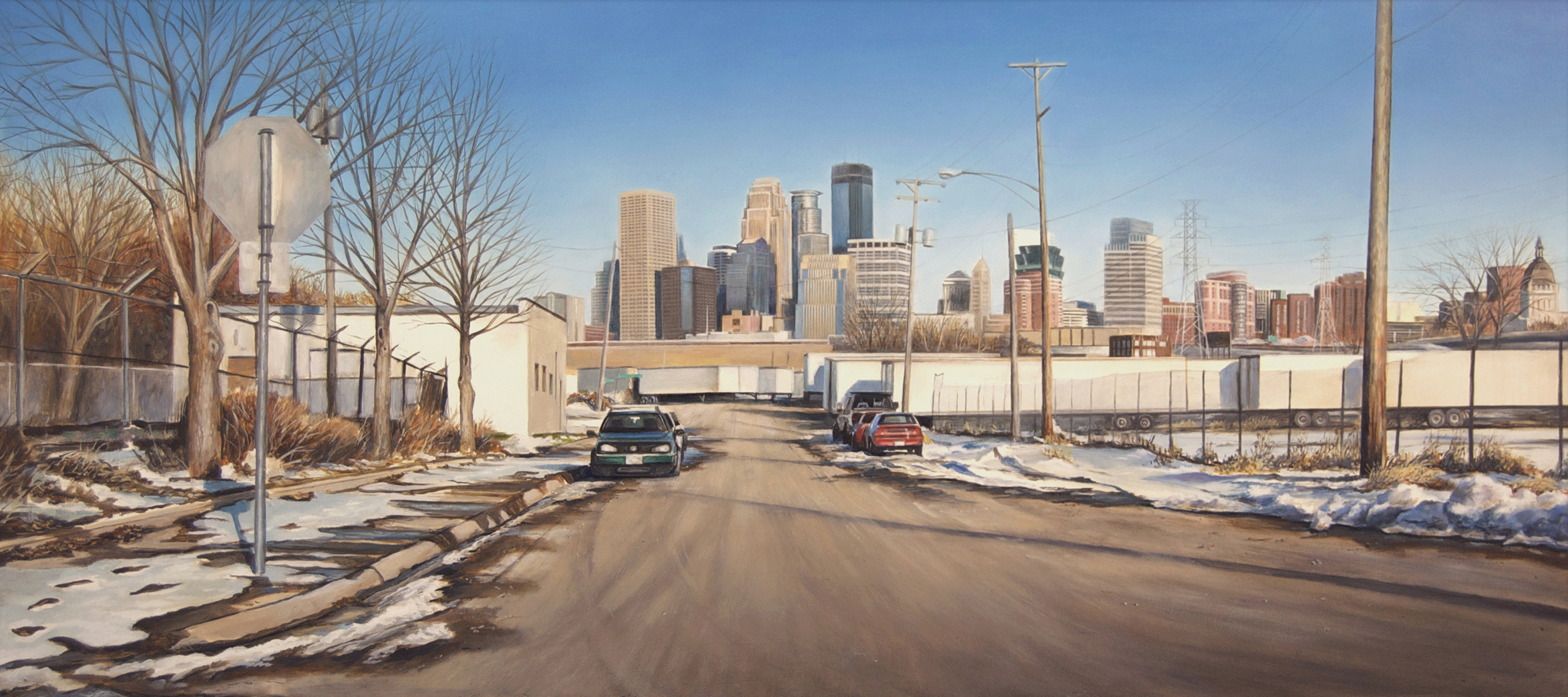   View toward Minneapolis from    Currie Avenue West, Winter   2014  Oil on panel  14.5 x 32 inches    