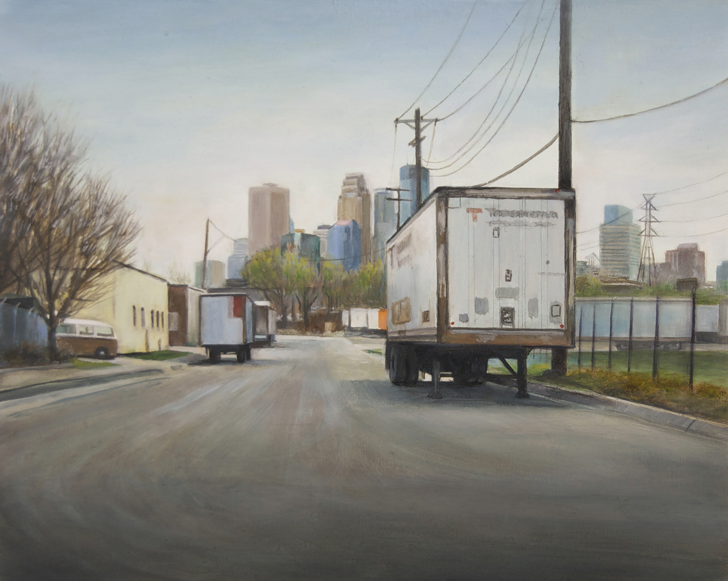   View toward Minneapolis from     Currie Avenue West, Spring   2014  Oil on panel  8 x 10 inches    
