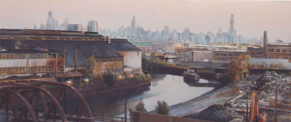   View toward Chicago and     Finkl Steel from Studio   2012  Oil on panel  9.6 x 22.75 inches    
