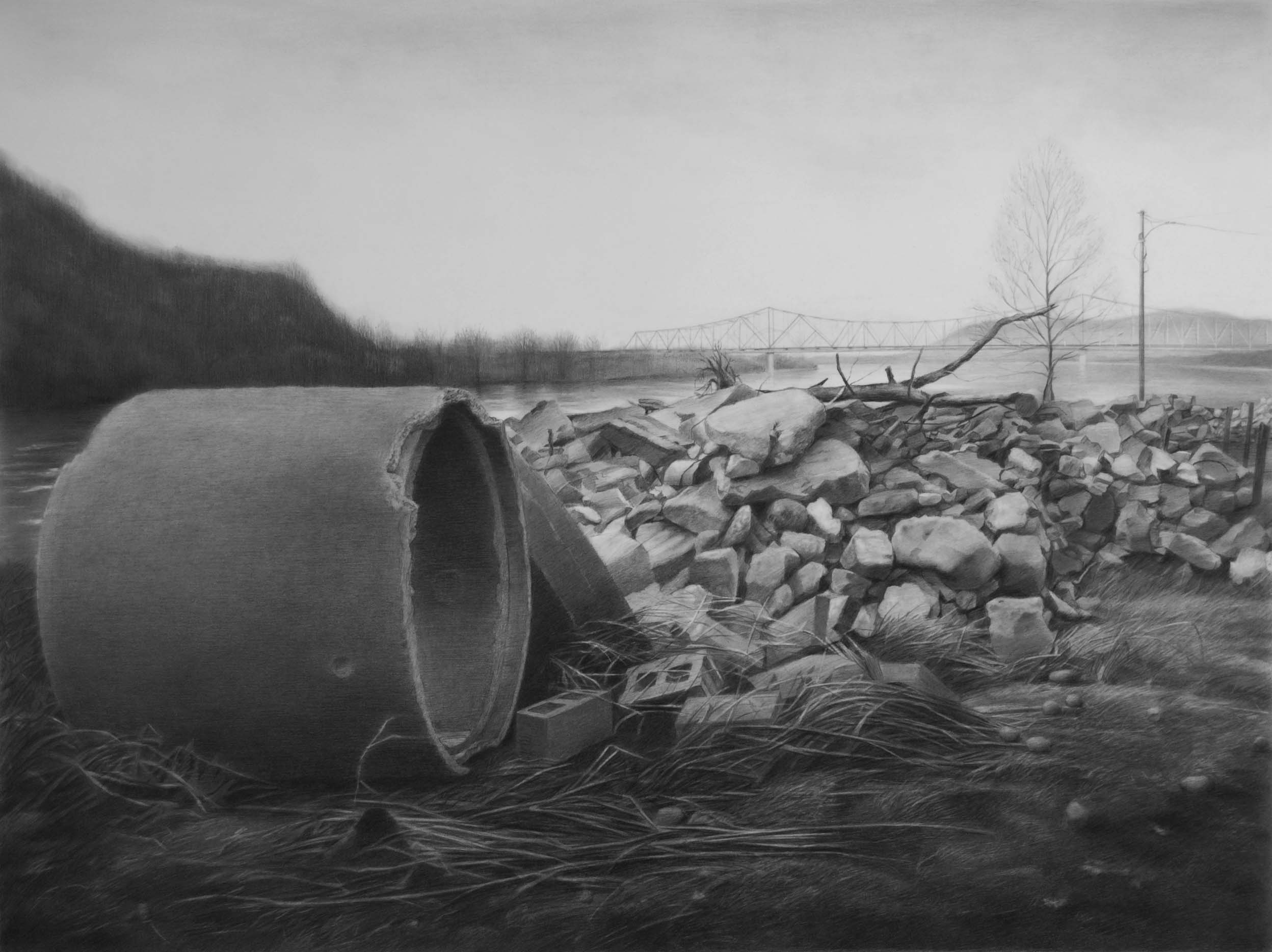   Beyond the Floodwall,     Portsmouth, OH   2015  Graphite on paper  27 x 36 inches    