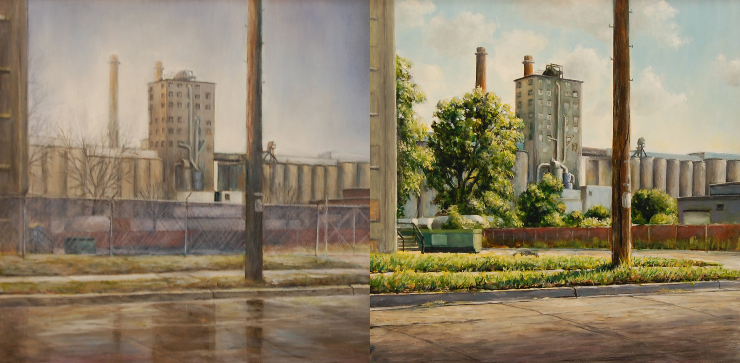   Views toward Olsen's    Elevator, Milwaukee    Winter/ Summer   2011  Oil on panel  12 x 12 inches (each) 