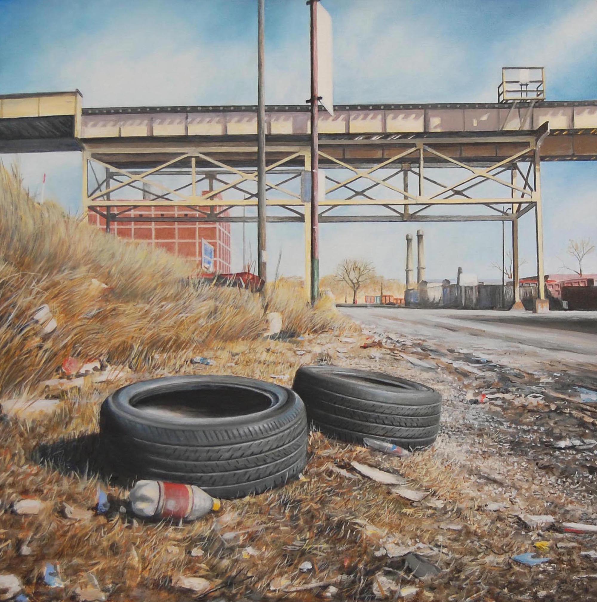   Garbage and Tires on the    West Side of Chicago   2011  Oil on canvas  20 x 20 inches    