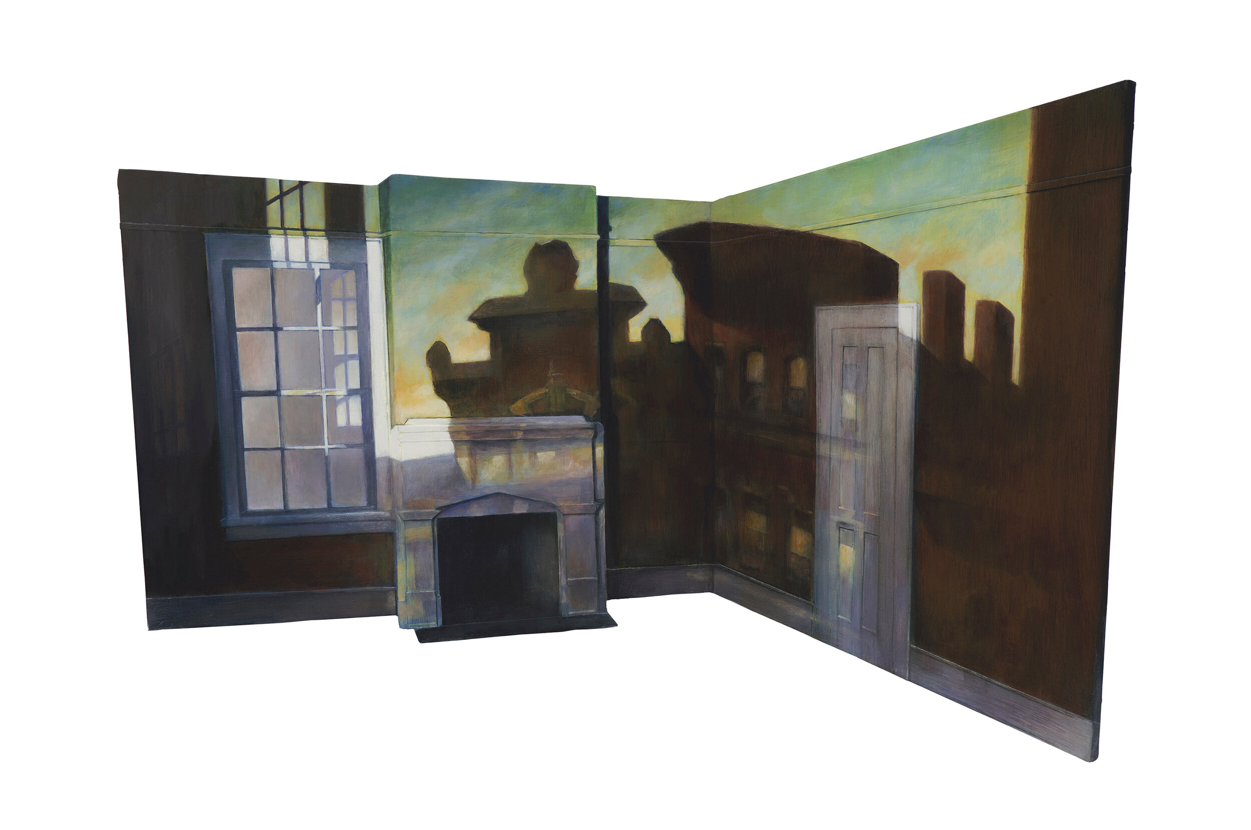   Edward Hopper’s “From Williamsburg Bridge” Projected over Hopper Bedroom Model   2019  Oil on shaped and raised relief panel  16.5 x 24.5 inches 