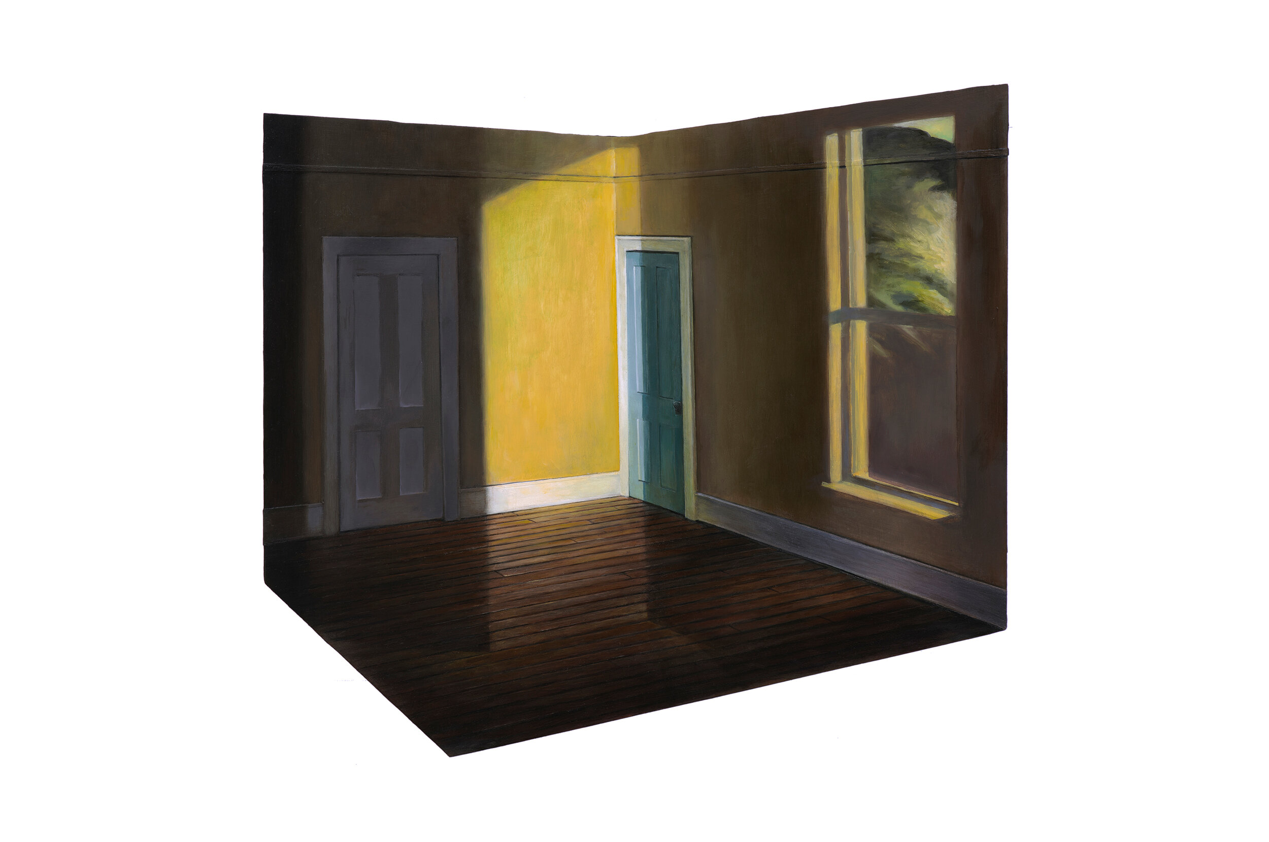   Edward Hopper’s “Sun in an Empty Room” Projected over Hopper Bedroom Model   2019  Oil on shaped and raised relief panel  16 x 19 inches 