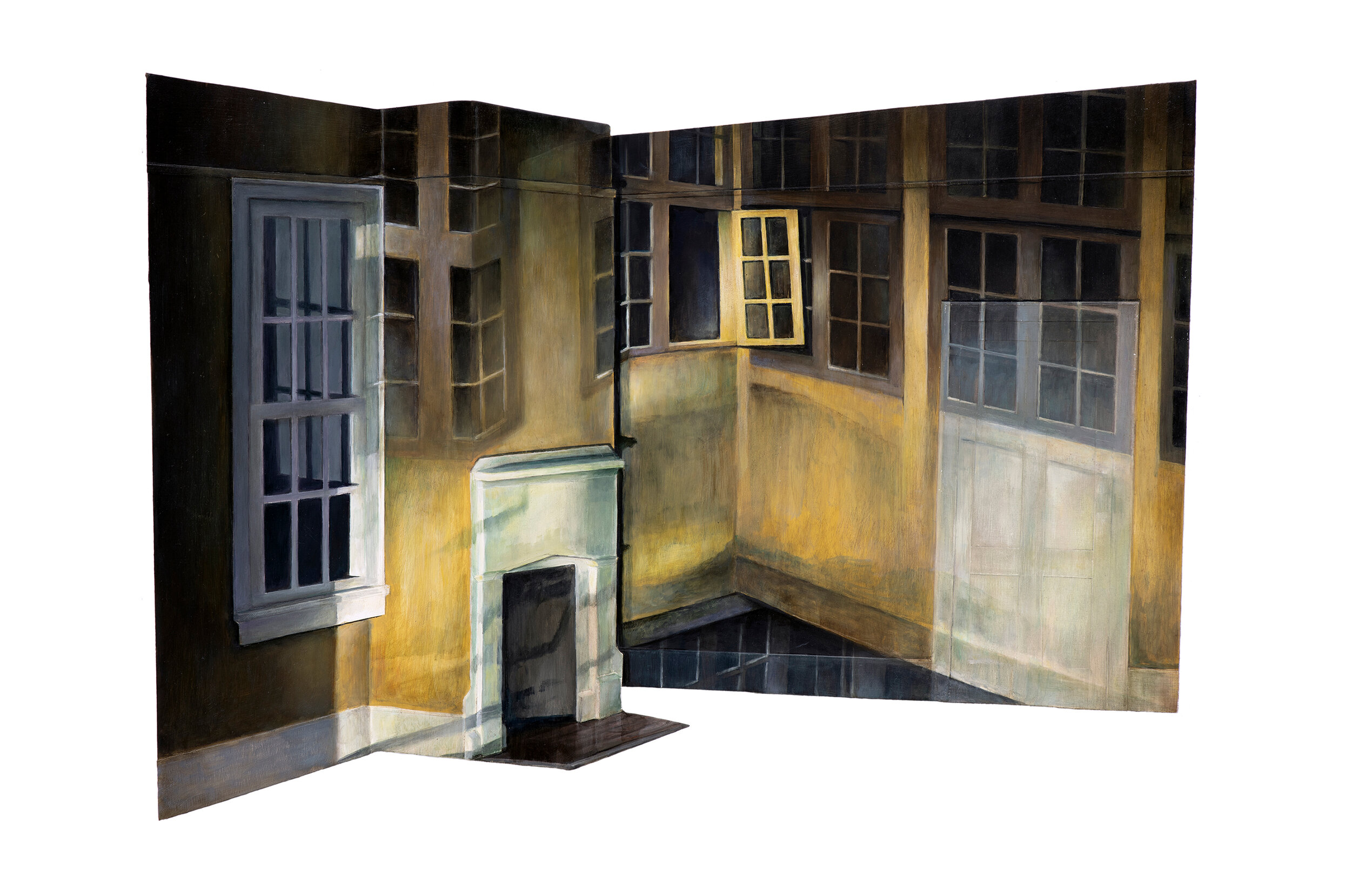   Vilhelm Hammershøi’s “Interior of Courtyard, Strandgade 30” Projected over Hopper Bedroom Model   2019  Oil on shaped and raised relief panel  17 x 23.5 inches 