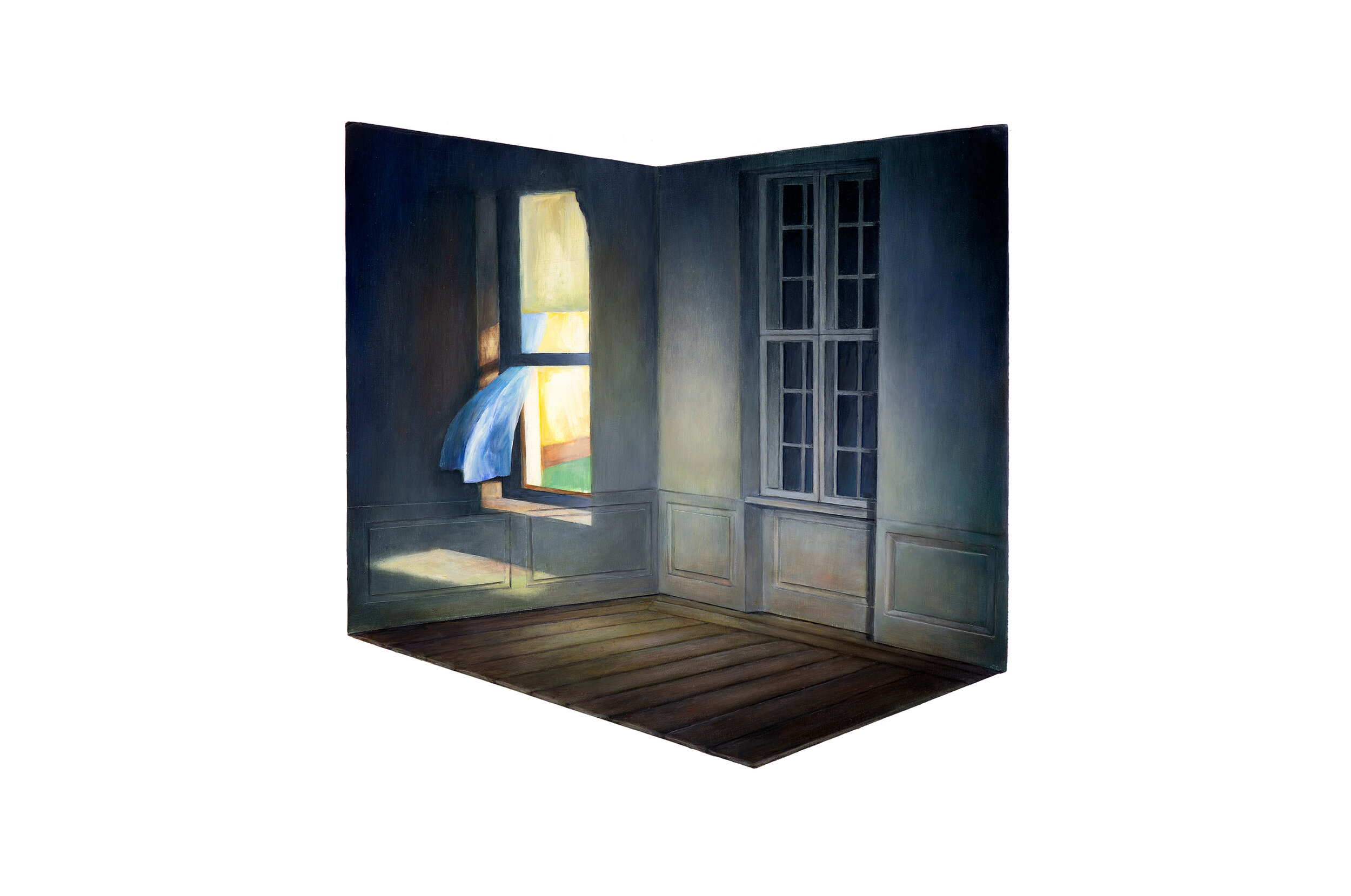   Edward Hopper’s “Night Windows” Projected over Model of Hammershøi’s Room   2019  Oil on shaped and raised relief panel  14.5 x 15 inches 