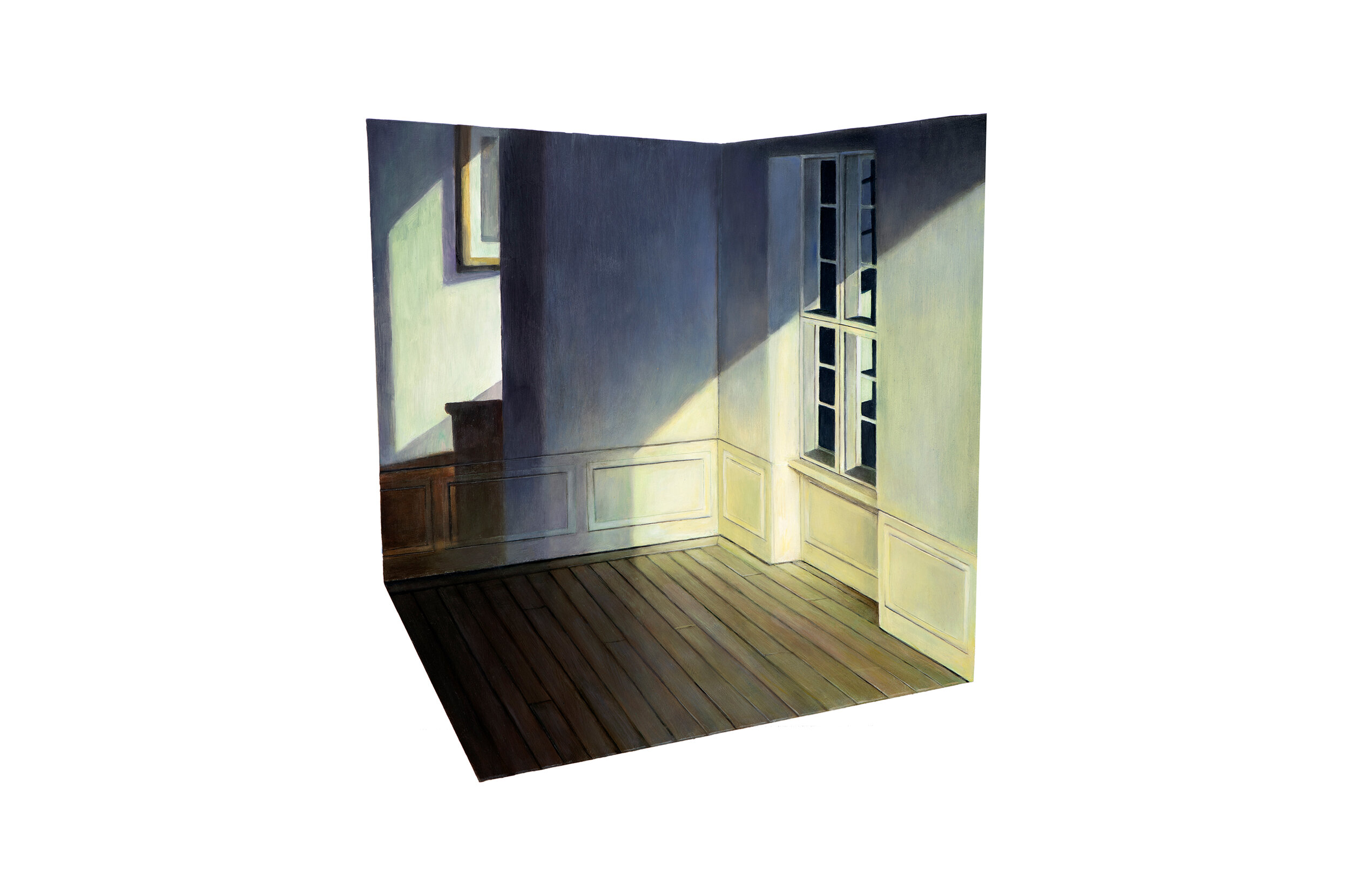   Edward Hopper’s “Rooms by the Sear” Projected over Model of Hammershøi’s Room    2019  Oil on shaped and raised relief panel  15 x 13.75  inches 
