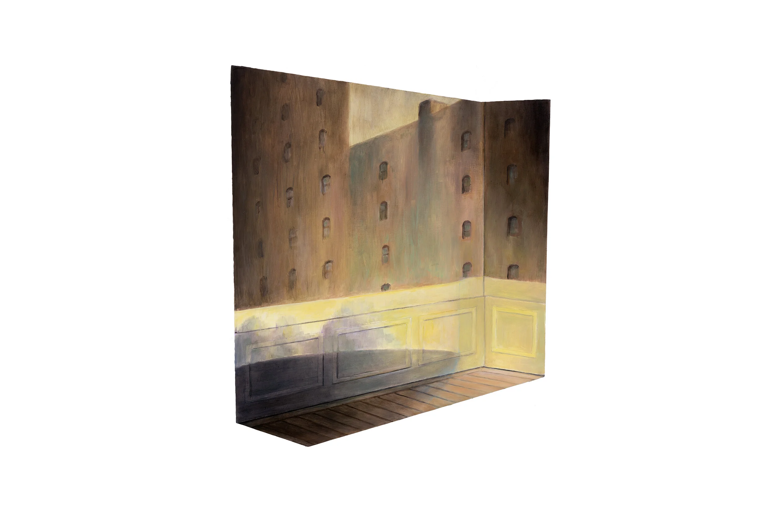 Edward Hopper’s “Approaching a City” Projected over Model of Hammershøi’s Room 2019 Oil on shaped and raised relief panel 15 x 12.75 inches