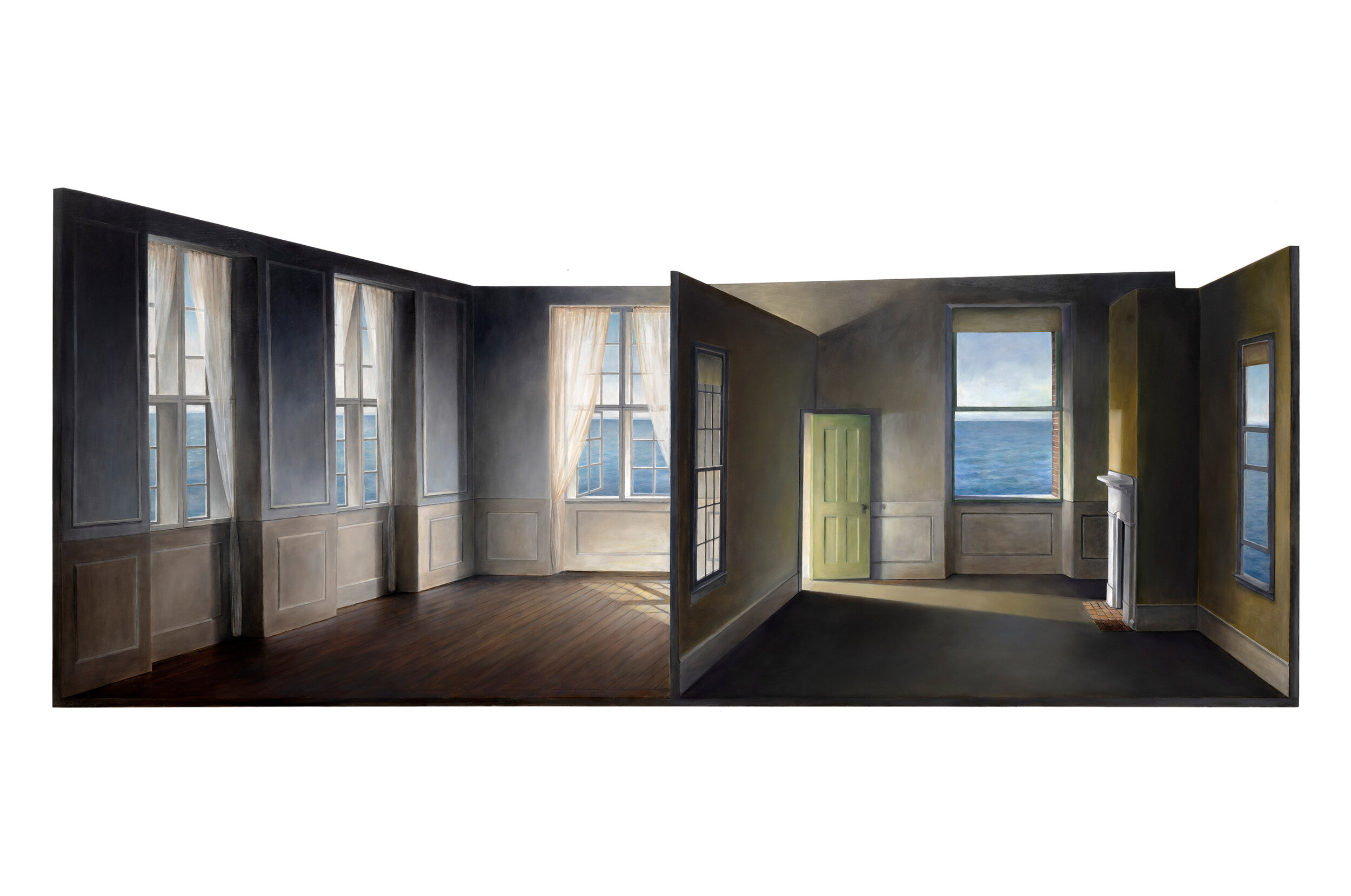   Rooms by the Sea (for Hopper and Hammershøi)   2019  Oil on shaped panel  34.5 x 82 inches 