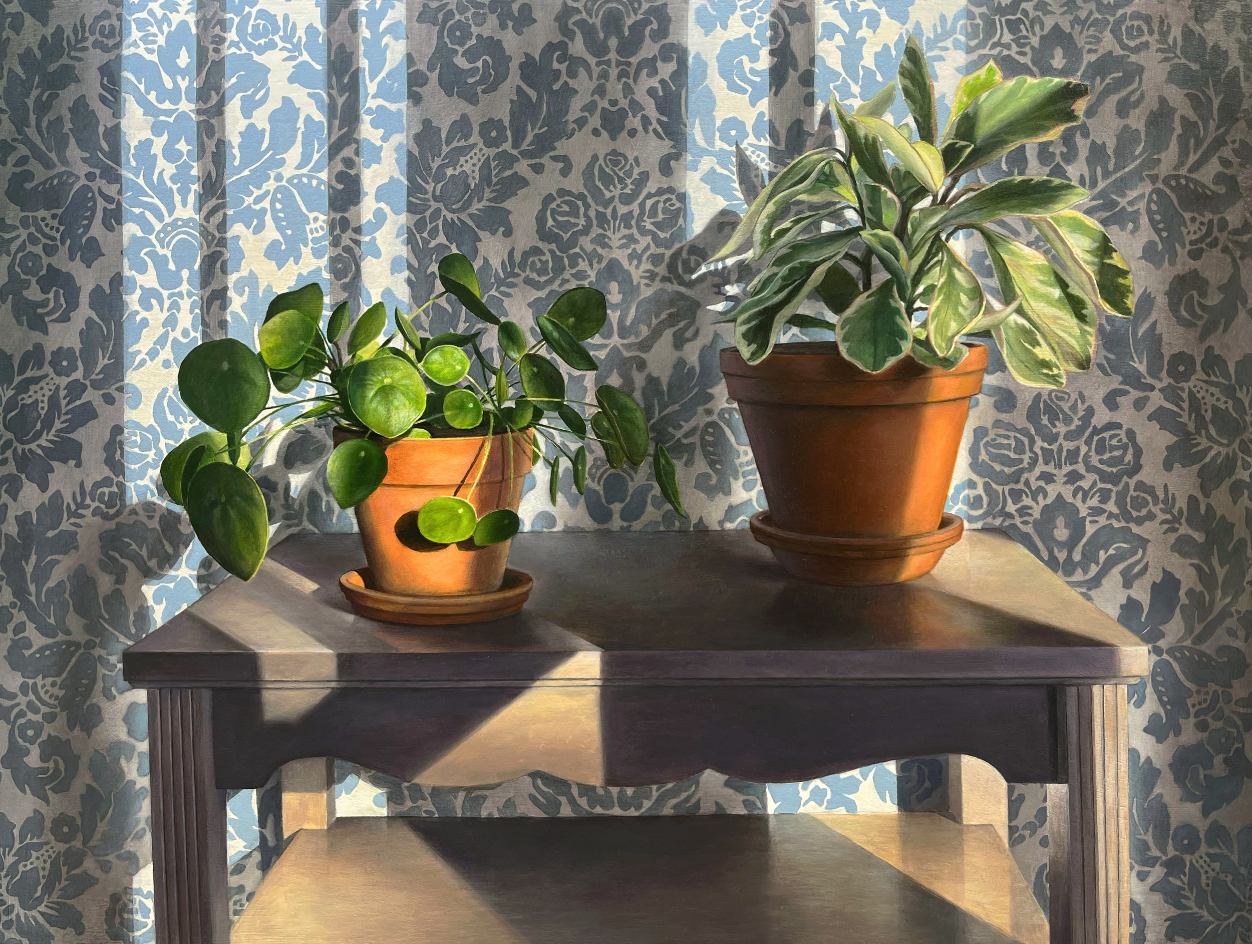   Two Houseplants in Window Light   2023  Oil on linen over panel  24 x 32 inches   