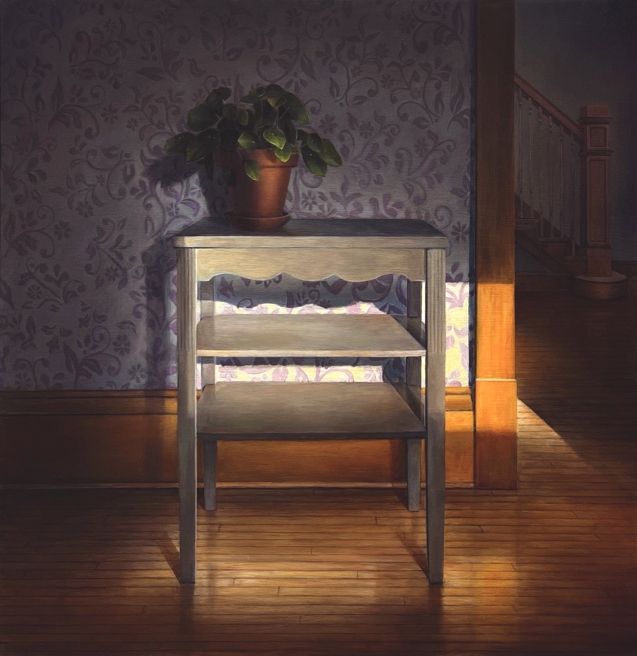   Table with Plant in Window Light   2024  Oil on linen over panel  16 x 16 inches   