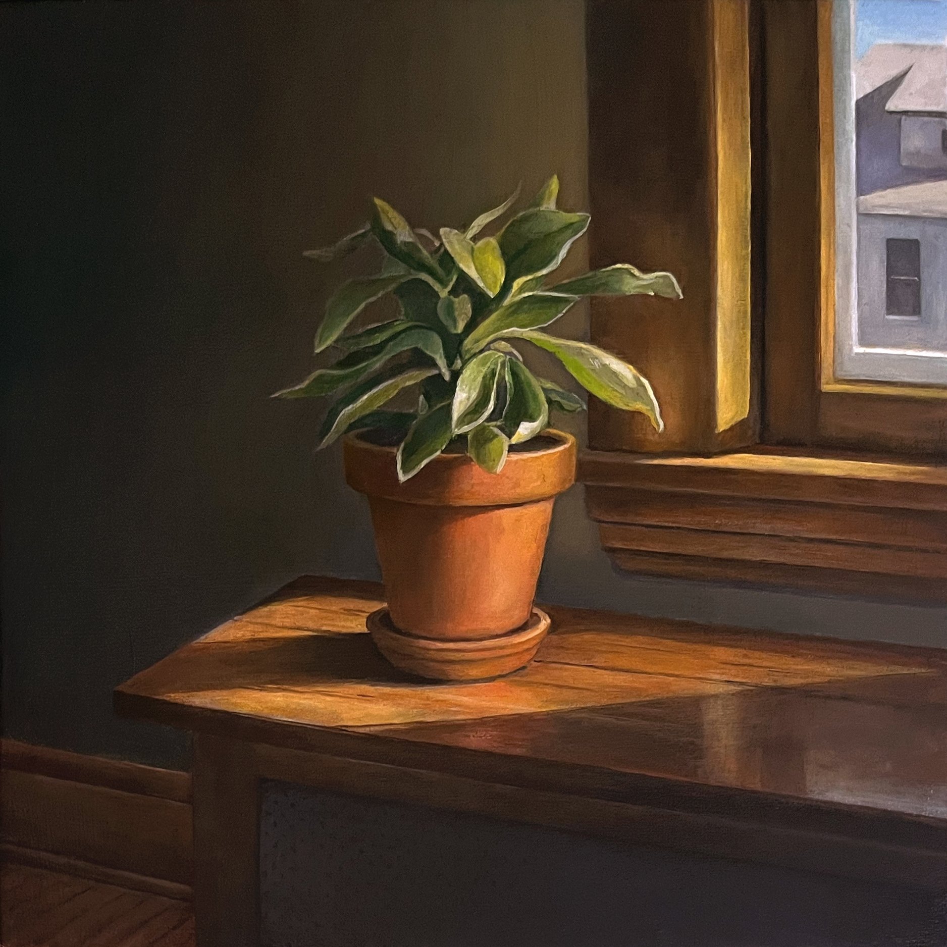   Plant with House in Window   2024  Oil on linen over panel  10 x 10 inches   