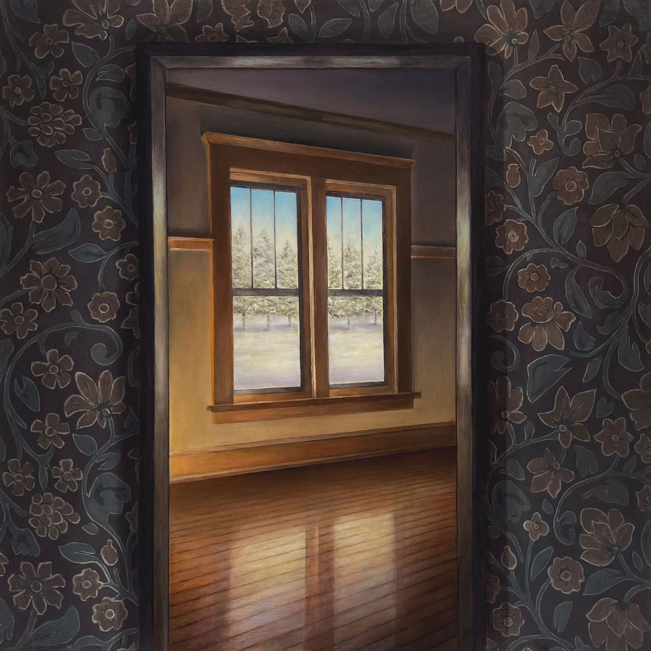   Window in the Mirror - Winter   2023  Oil on linen over panel  16 x 16 inches   