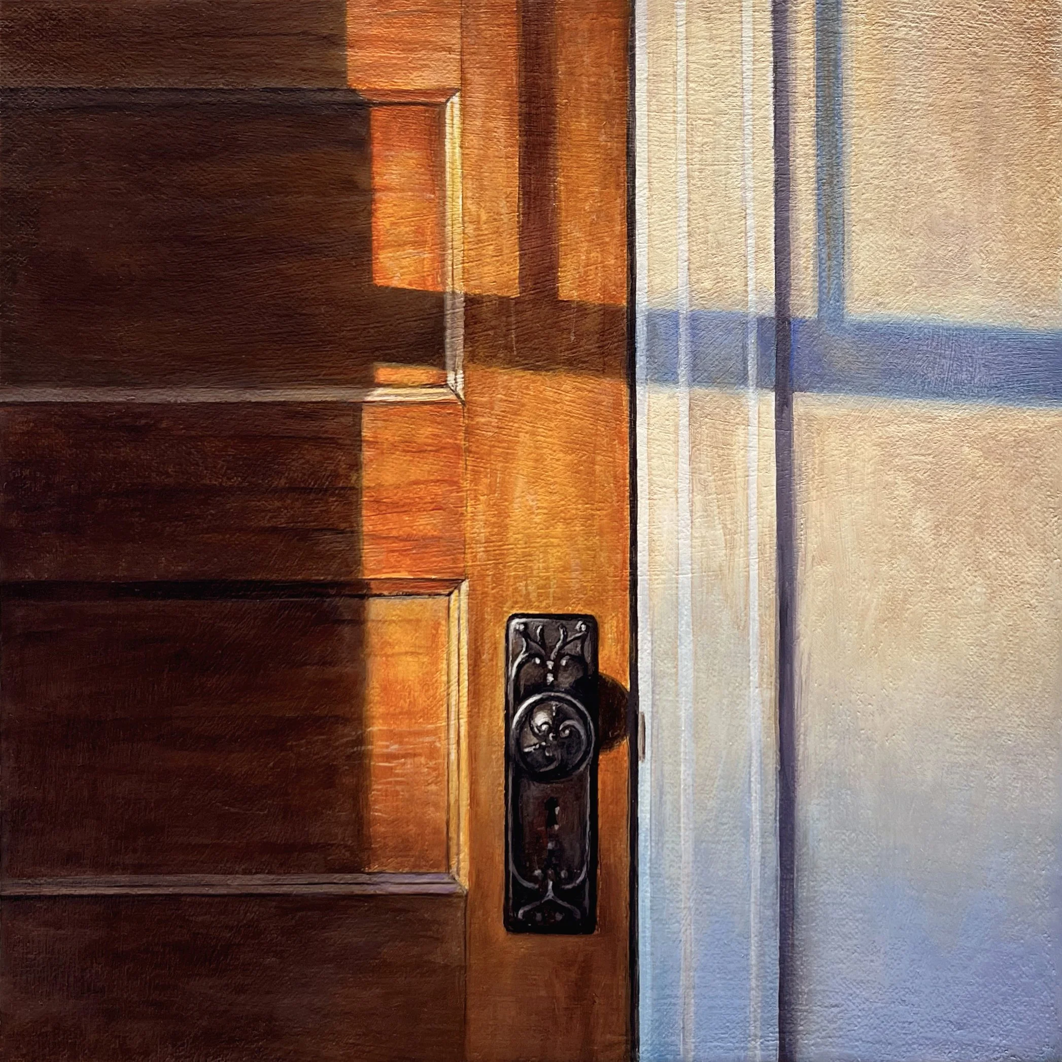 Window Light on Door 2025 Oil on linen over panel 8 × 8 inches