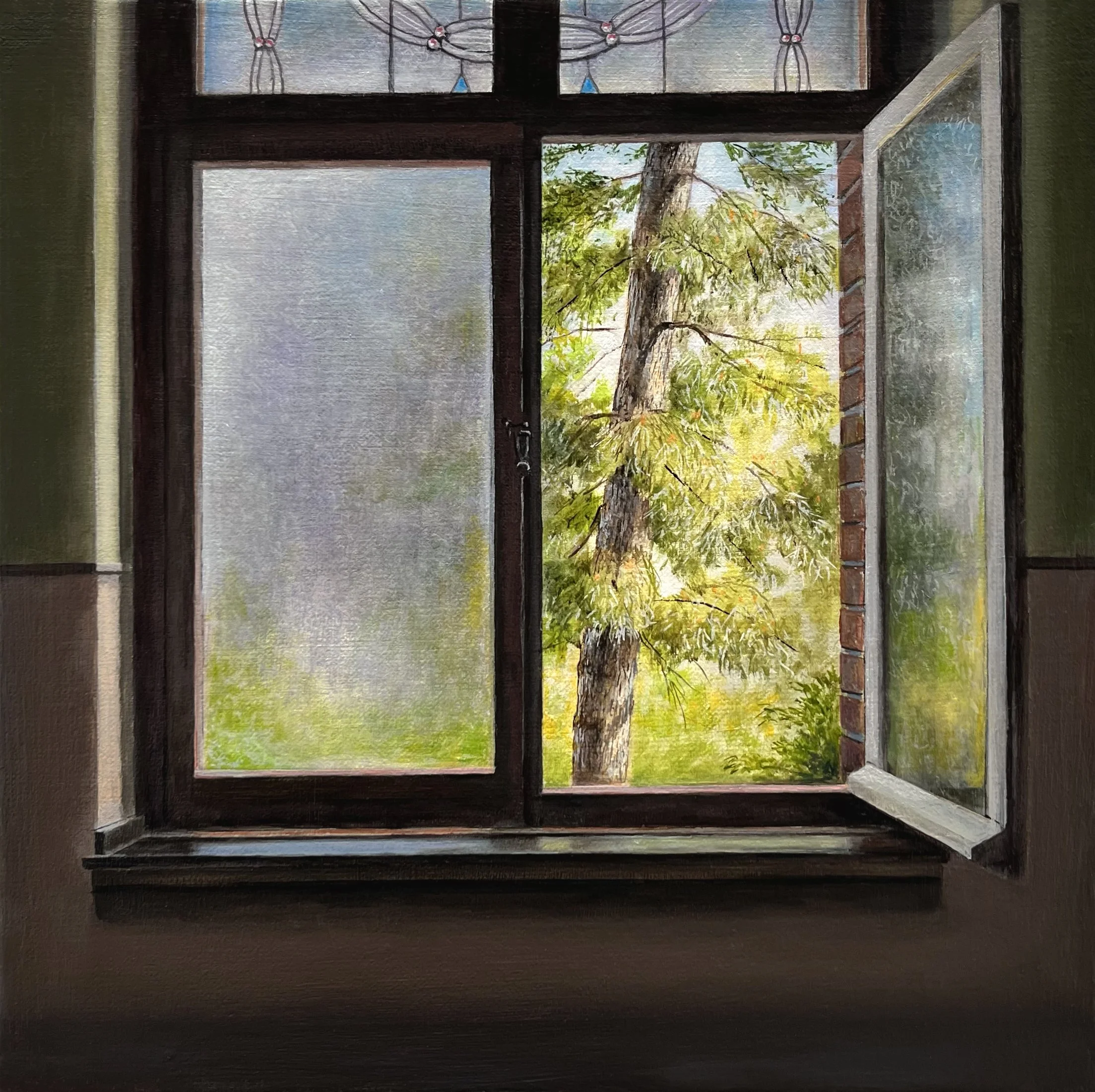   Open Window and Tree   2025  Oil on linen over panel  10” x 10”   