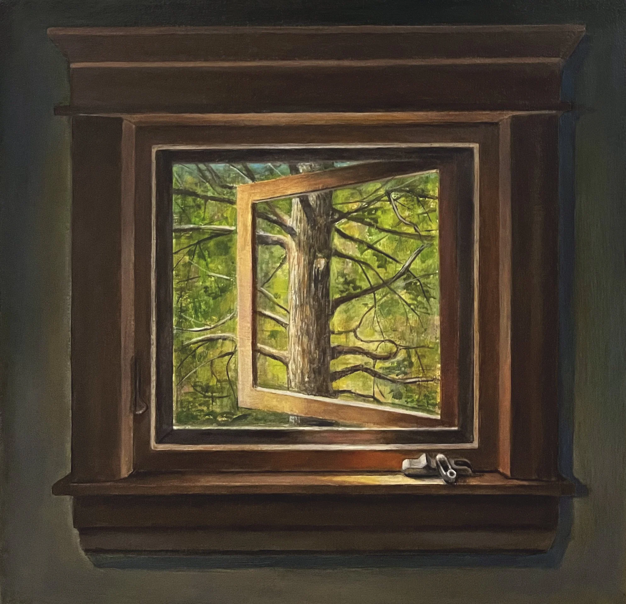   Window with Cedar Tree   2025  Oil on linen over panel  10” x 10”   