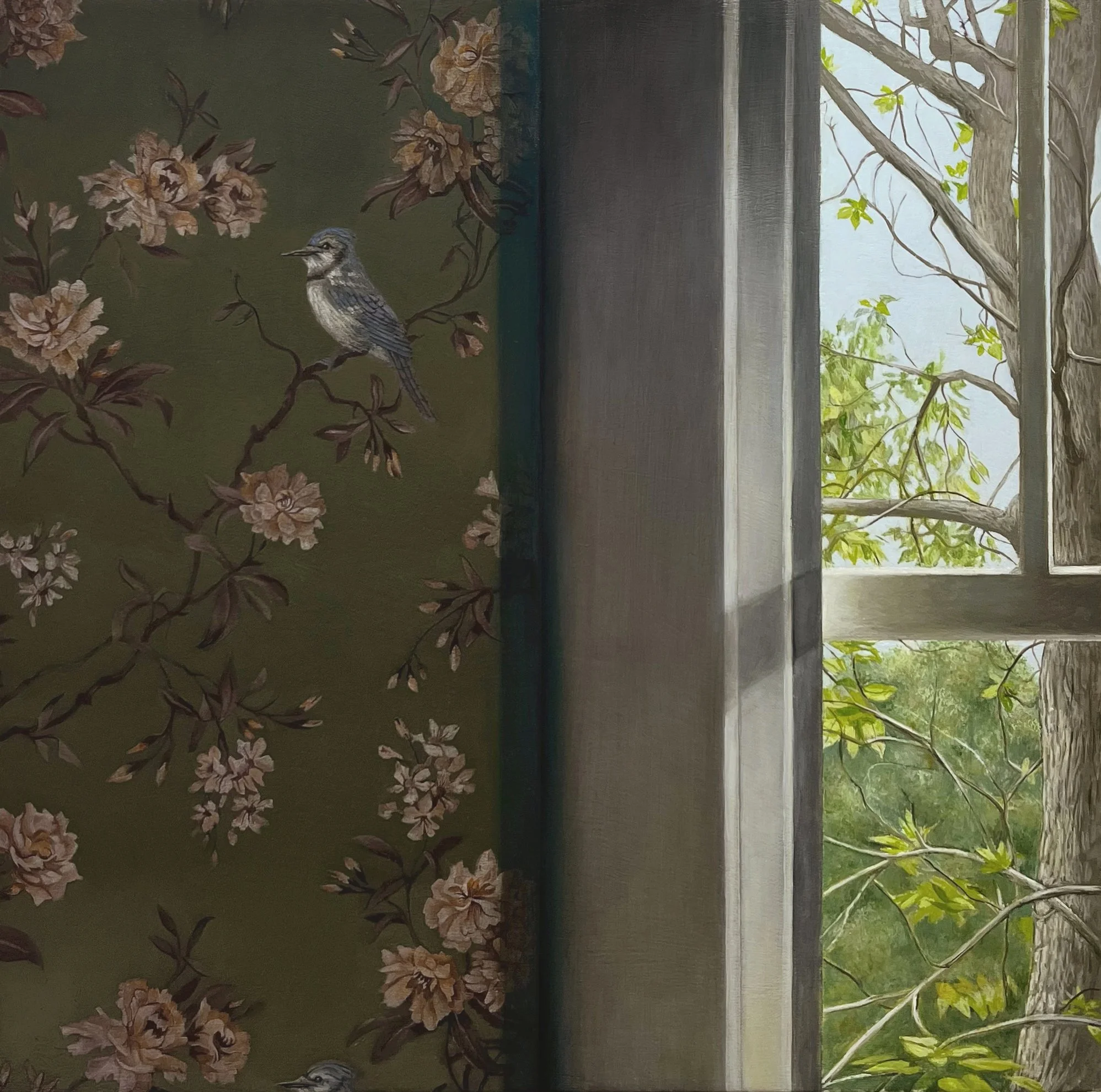   Wallpaper and Tree   2025  Oil on linen over panel  16” x 16”    