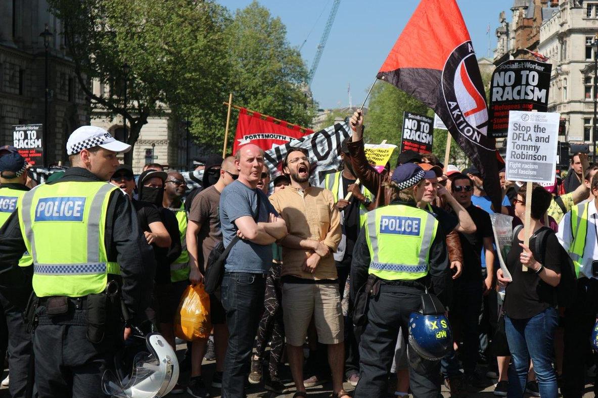 Violent "Anti-Fascist" demonstrators spark violence outside of free-speech demonstration in Whitehall.