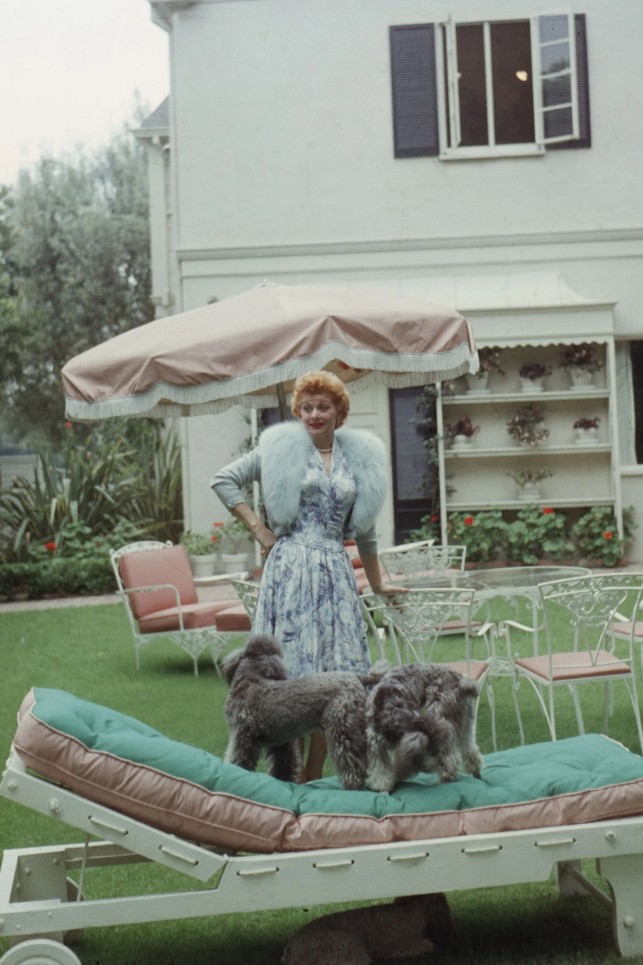 At home with her two poodles in 1957. (Where can I find that jacket?) Photo: Getty Images