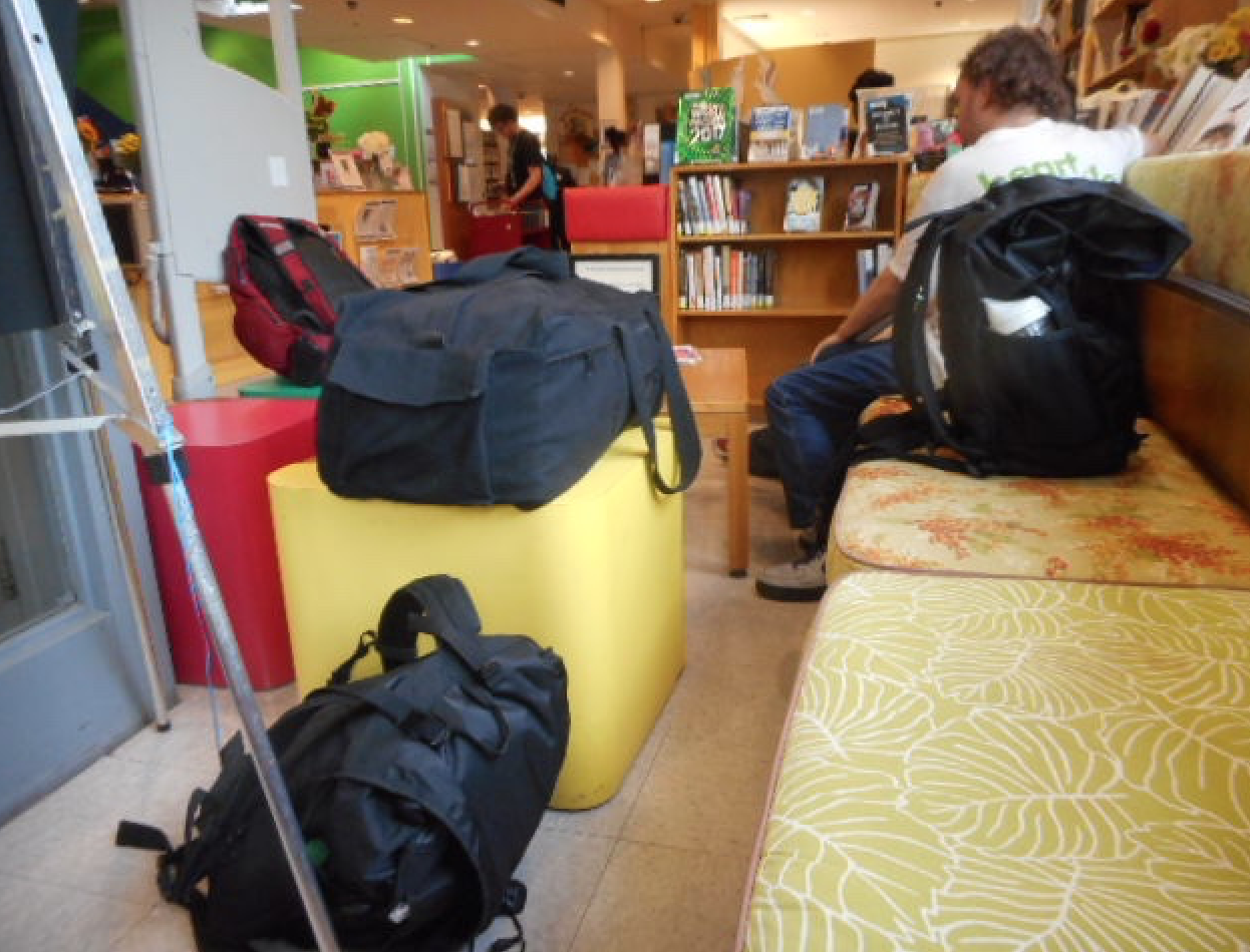 Homeless library patrons and their possessions make an already cramped seating area seem even smaller; creating storage during library visits would help the homeless and preserve room for other patrons