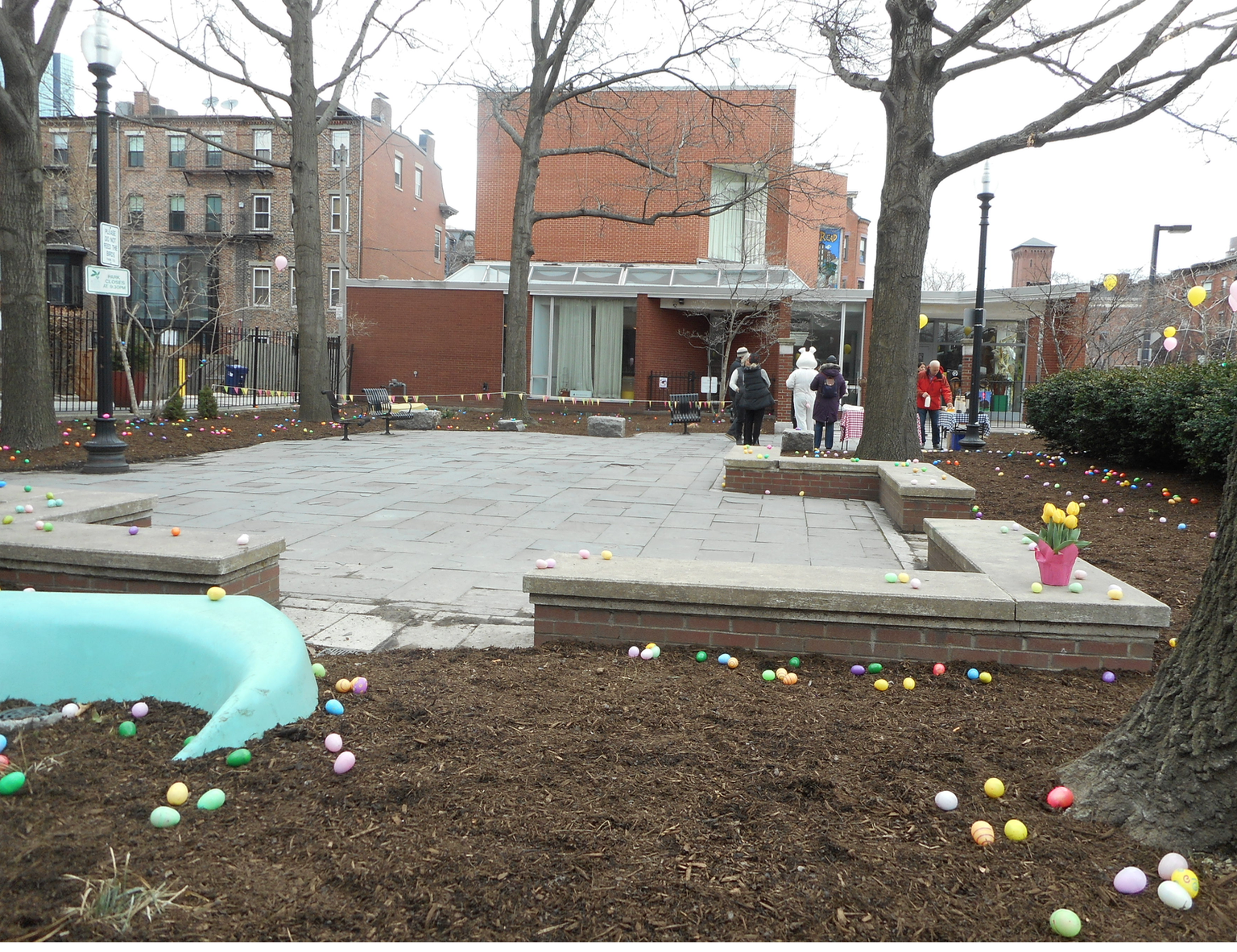 Library Park 2016 with Friends' volunteers preparing for the Annual Easter Egg Hunt